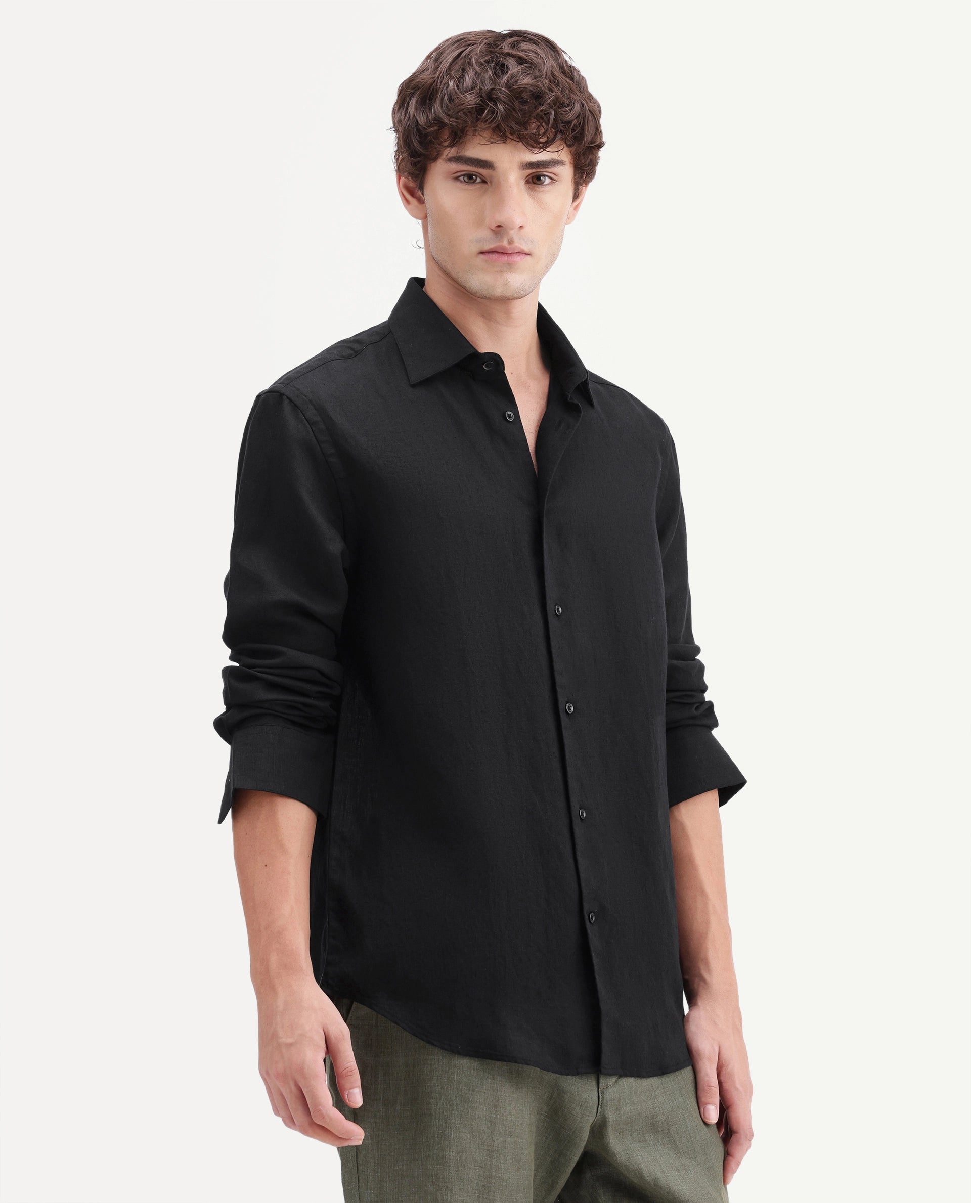 Rare Rabbit Men's Linex-Ls-Aw26 Black Linen Blend Spread Collar Regular Fit Plain Shirt
