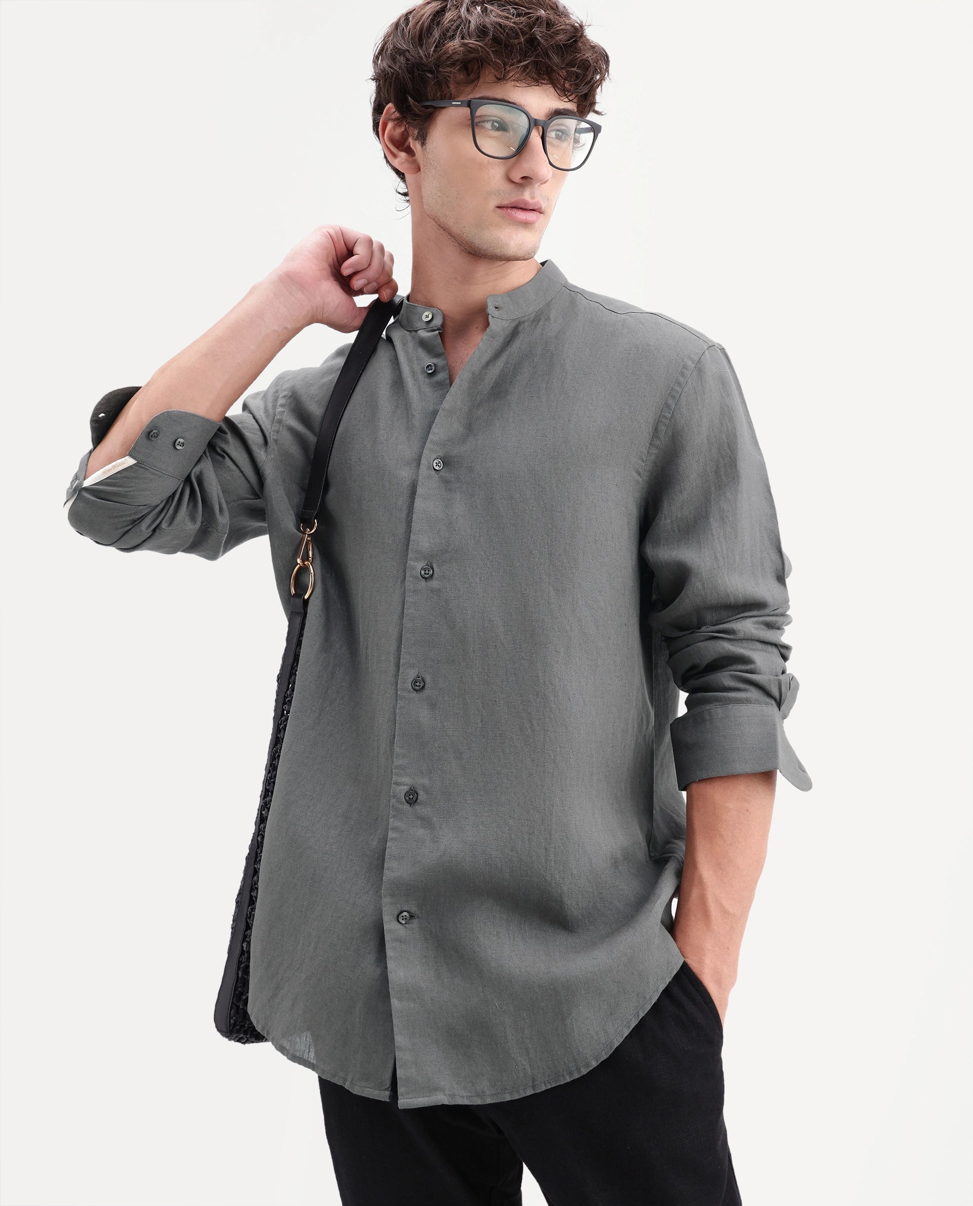 Rare Rabbit Men's Cinex-Aw26 Olive Linen Mandarin Collar Regular Fit Plain Shirt