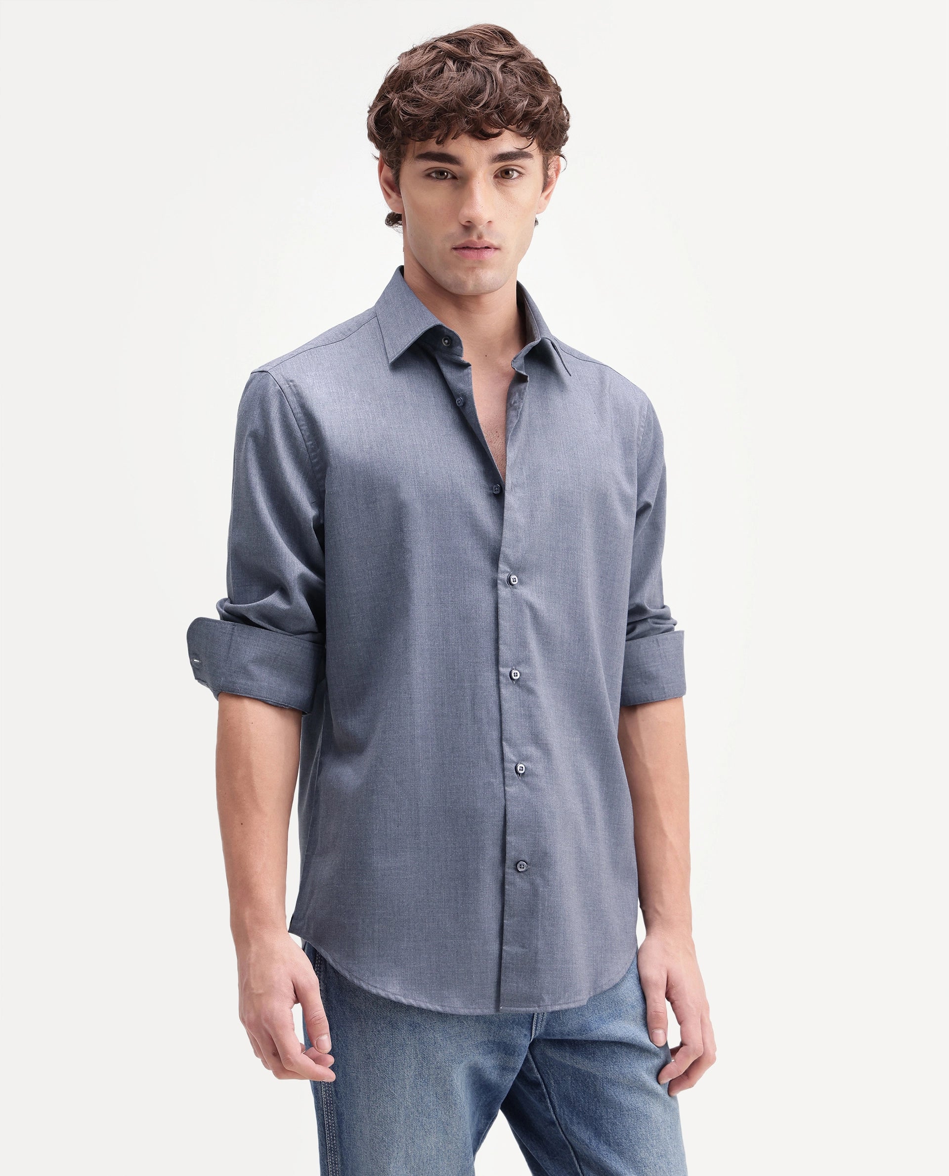Rare Rabbit Men's Gunjo-Aw26 Dusky Blue Polyester Blend Spread Collar Regular Plain Shirt