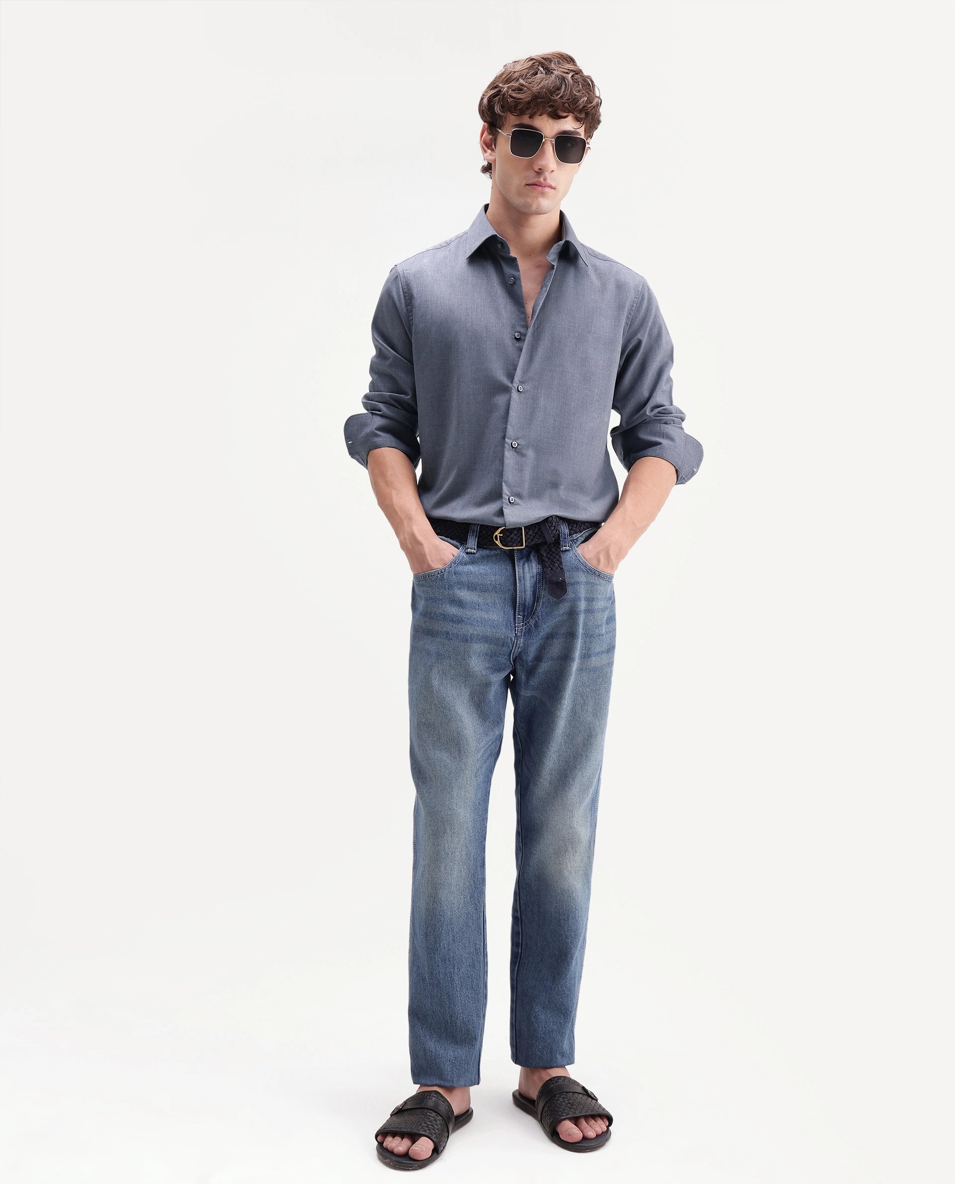 Rare Rabbit Men's Gunjo-Aw26 Dusky Blue Polyester Blend Spread Collar Regular Plain Shirt