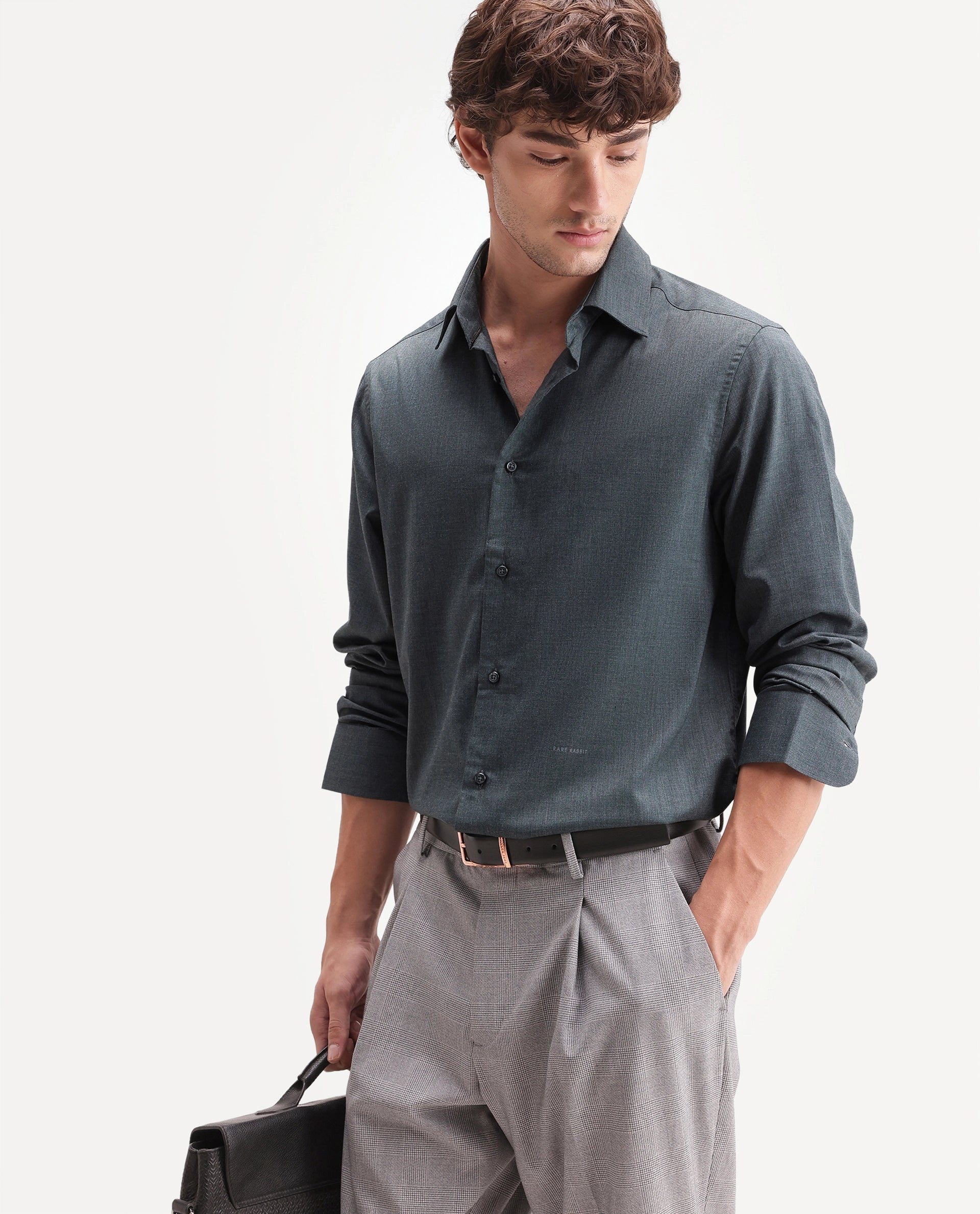 Rare Rabbit Men's Gunjo-Aw26 Teal Polyester Blend Spread Collar Regular Plain Shirt