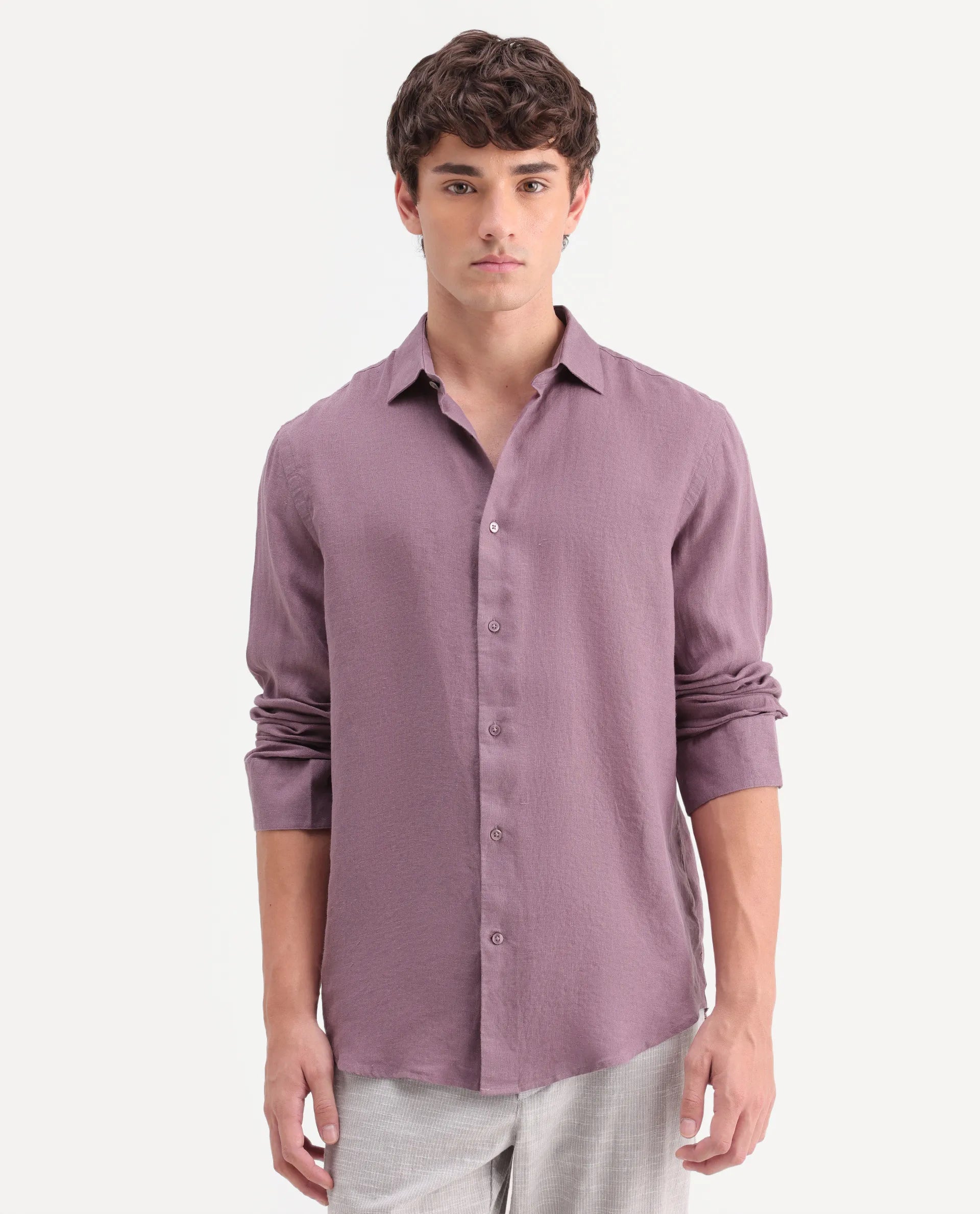 Rare Rabbit Men's Mavi-Aw26 Dusky Pink 100% Linen Spread Collar Regular Plain Shirt