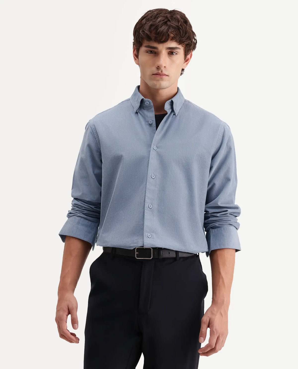 Rare Rabbit Men's Buita-Aw26 Dusky Blue Cotton Spread Collar Regular Fit Plain Shirt