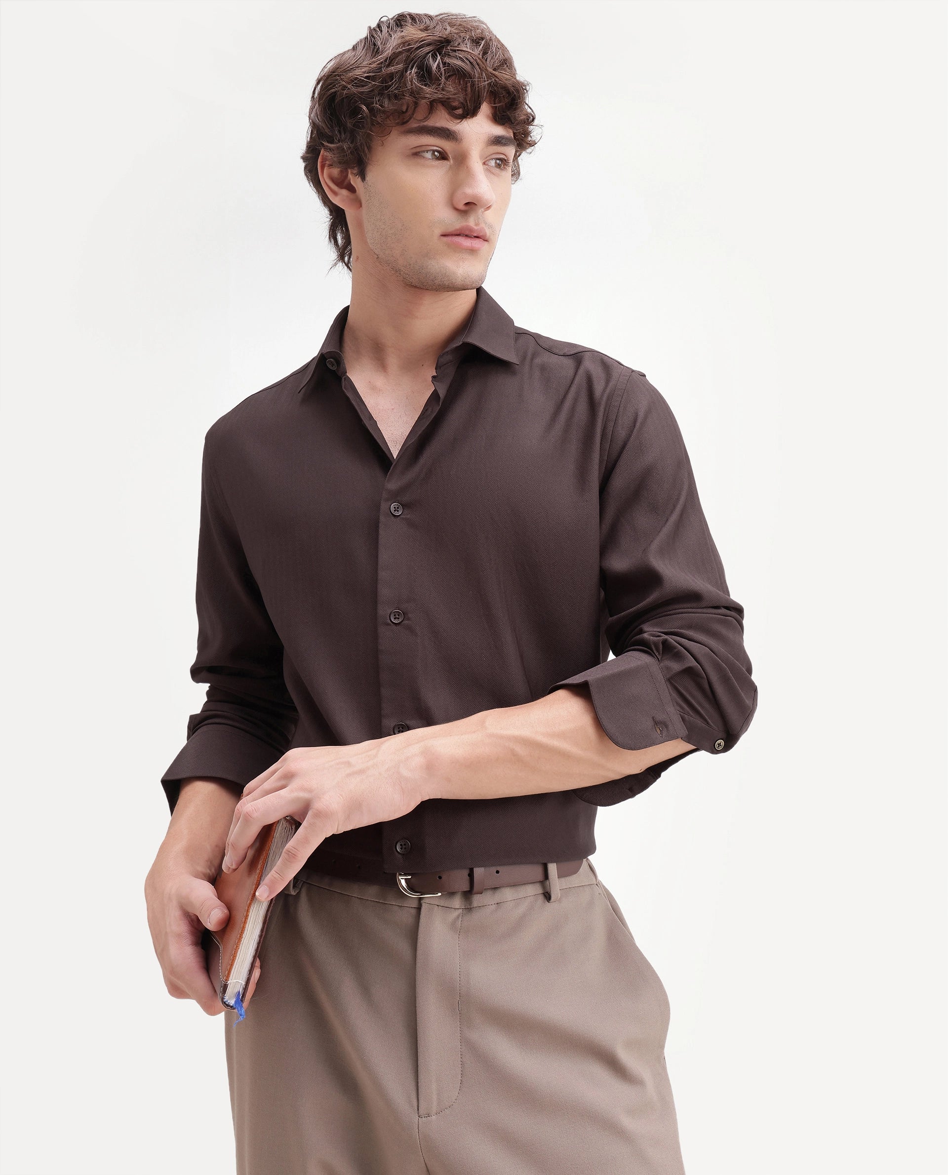 Rare Rabbit Men's Mer-Aw26 Dark Brown Polyester Blend Spread Collar Regular Plain Shirt