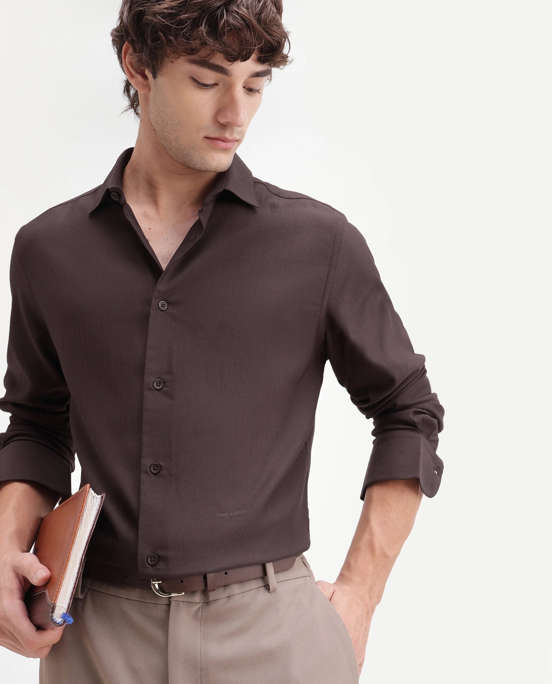 Rare Rabbit Men's Mer-Aw26 Dark Brown Polyester Blend Spread Collar Regular Plain Shirt