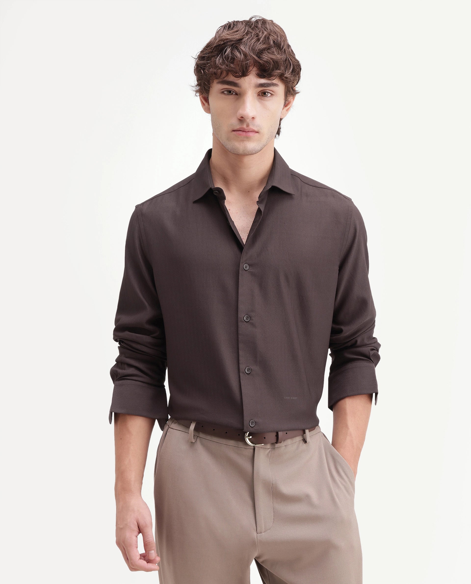 Rare Rabbit Men's Mer-Aw26 Dark Brown Polyester Blend Spread Collar Regular Plain Shirt