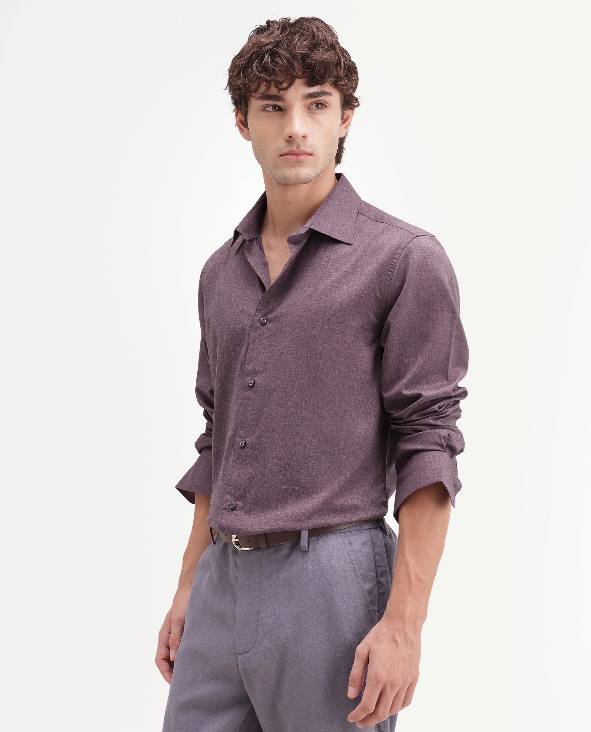 Rare Rabbit Men's Gunjo-Aw26 Dusky Purple Polyester Blend Spread Collar Regular Plain Shirt