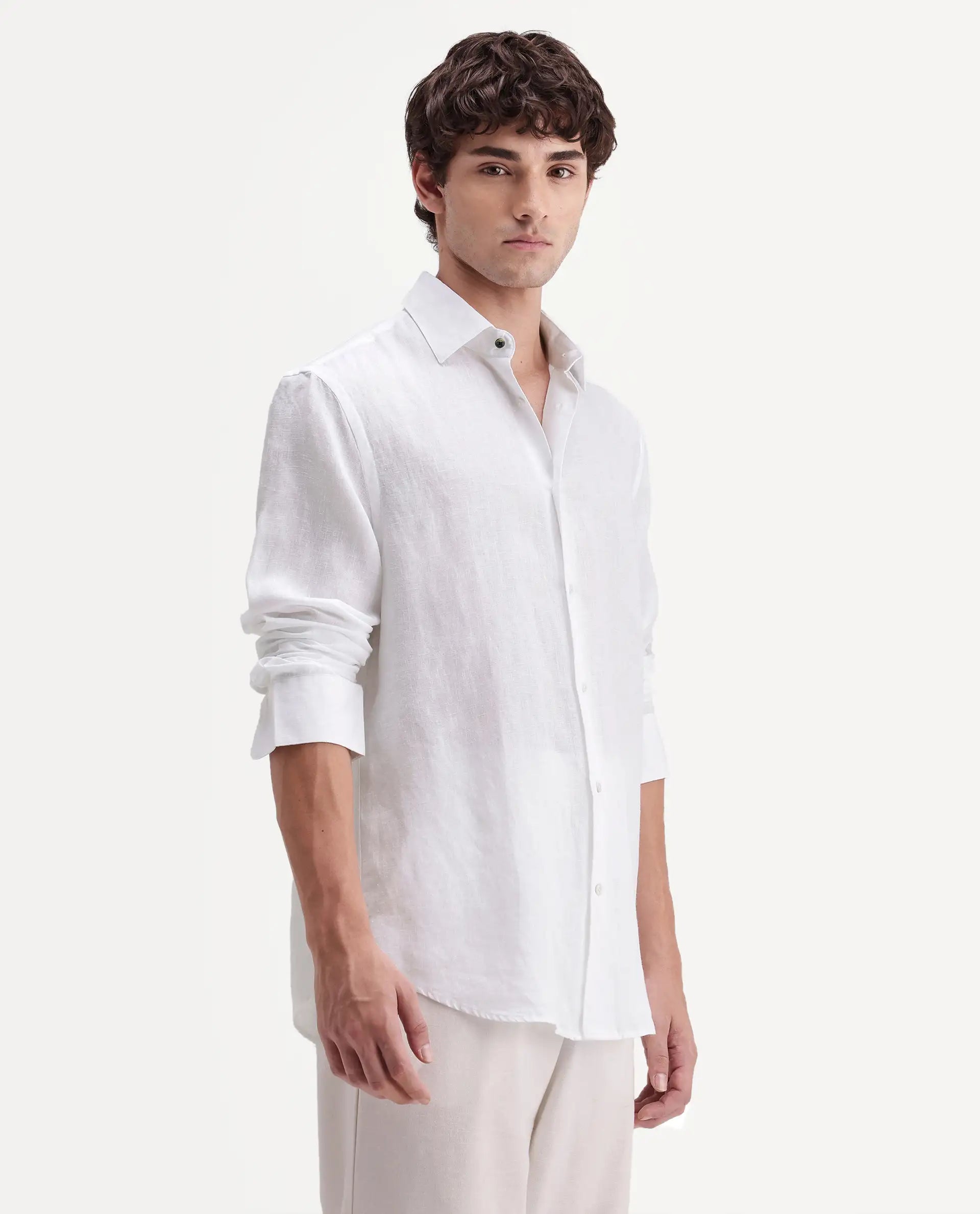 Rare Rabbit Men's Linex-Ls-Aw26 White Linen Blend Spread Collar Regular Fit Plain Shirt