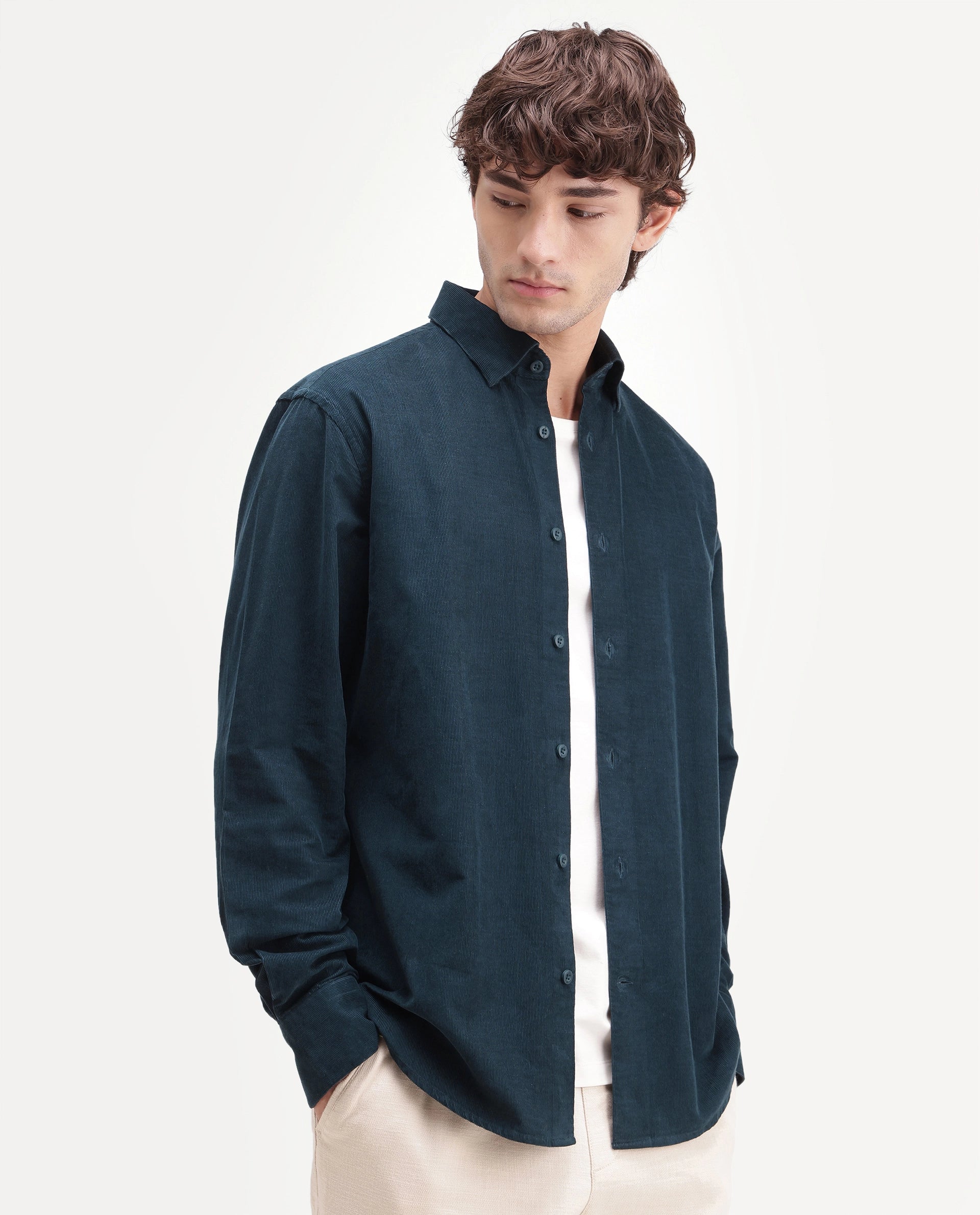 Rare Rabbit Men's Buita-Aw26 Teal Cotton Spread Collar Regular Fit Plain Shirt