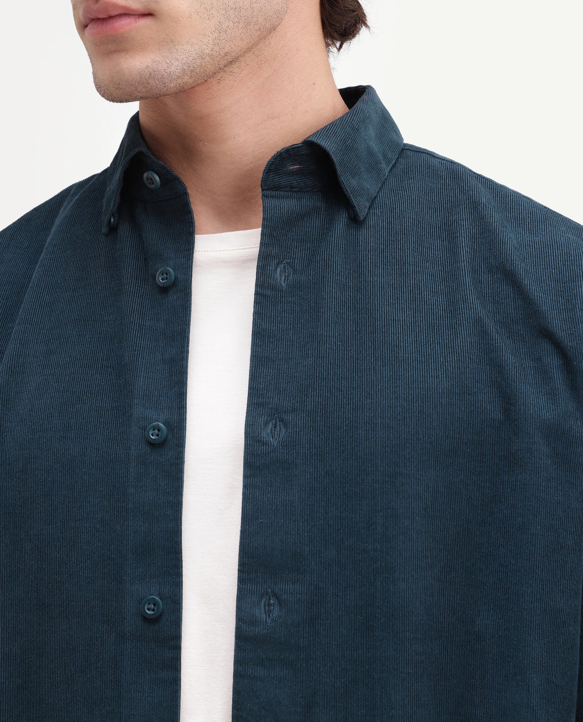 Rare Rabbit Men's Buita-Aw26 Teal Cotton Spread Collar Regular Fit Plain Shirt