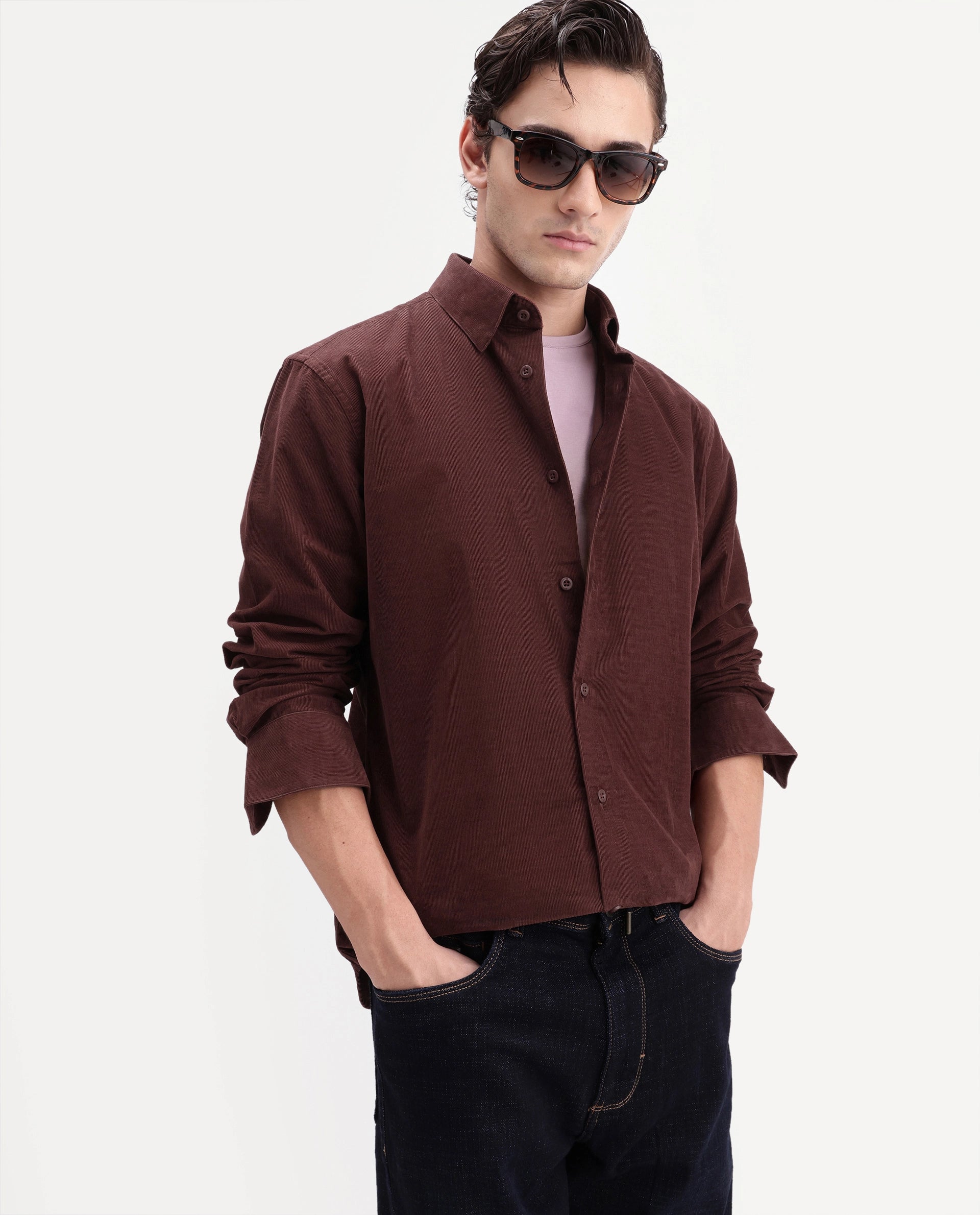 Rare Rabbit Men's Buita-Aw26 Dark Red Cotton Spread Collar Regular Fit Plain Shirt