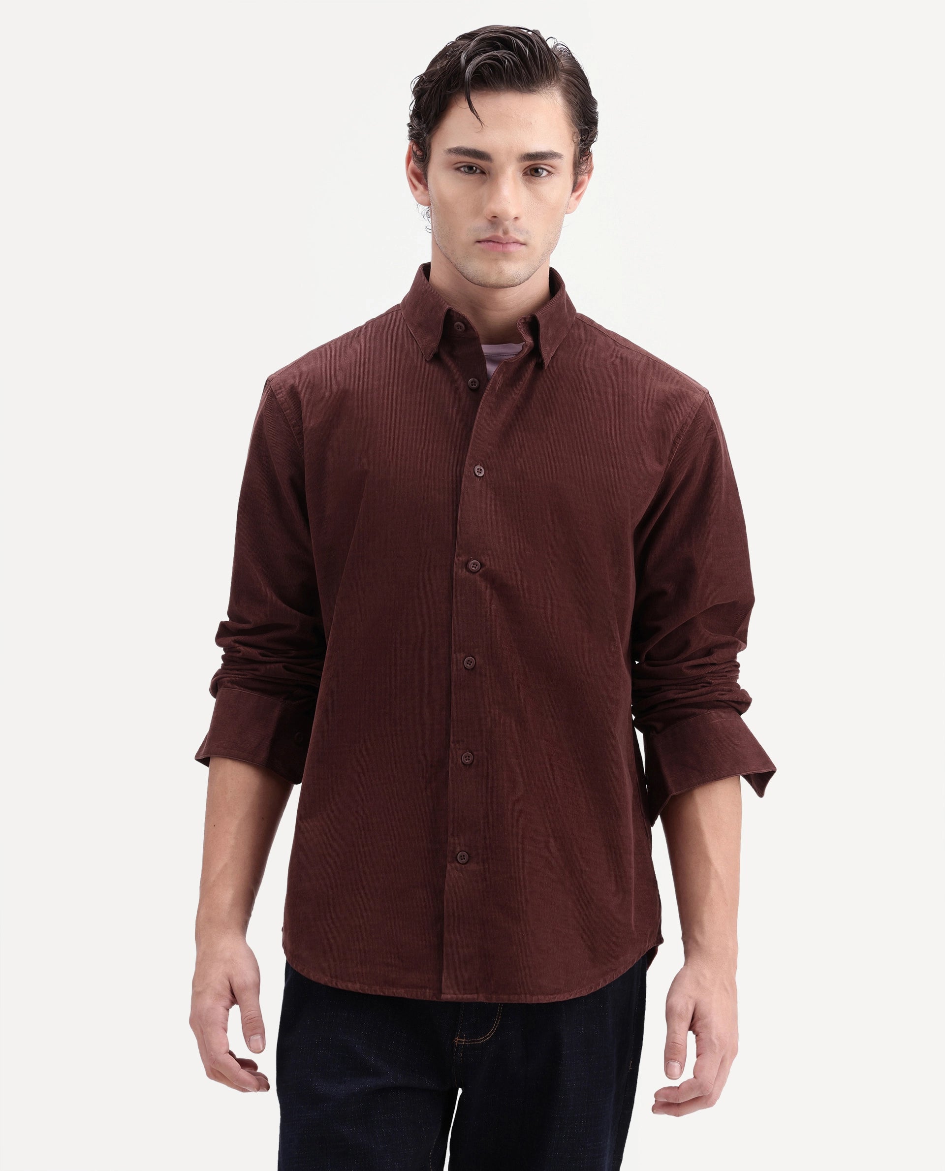 Rare Rabbit Men's Buita-Aw26 Dark Red Cotton Spread Collar Regular Fit Plain Shirt