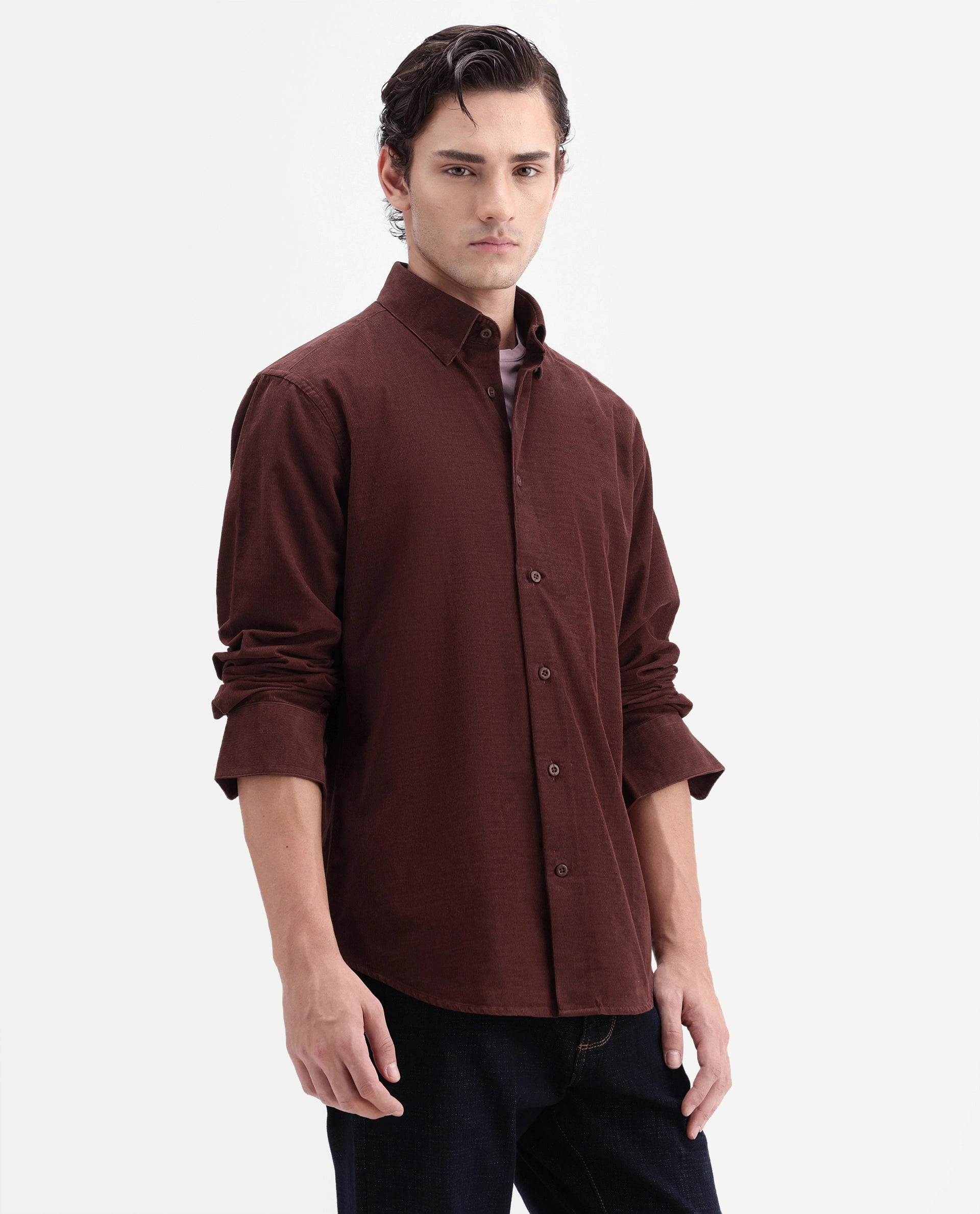 Rare Rabbit Men's Buita-Aw26 Dark Red Cotton Spread Collar Regular Fit Plain Shirt