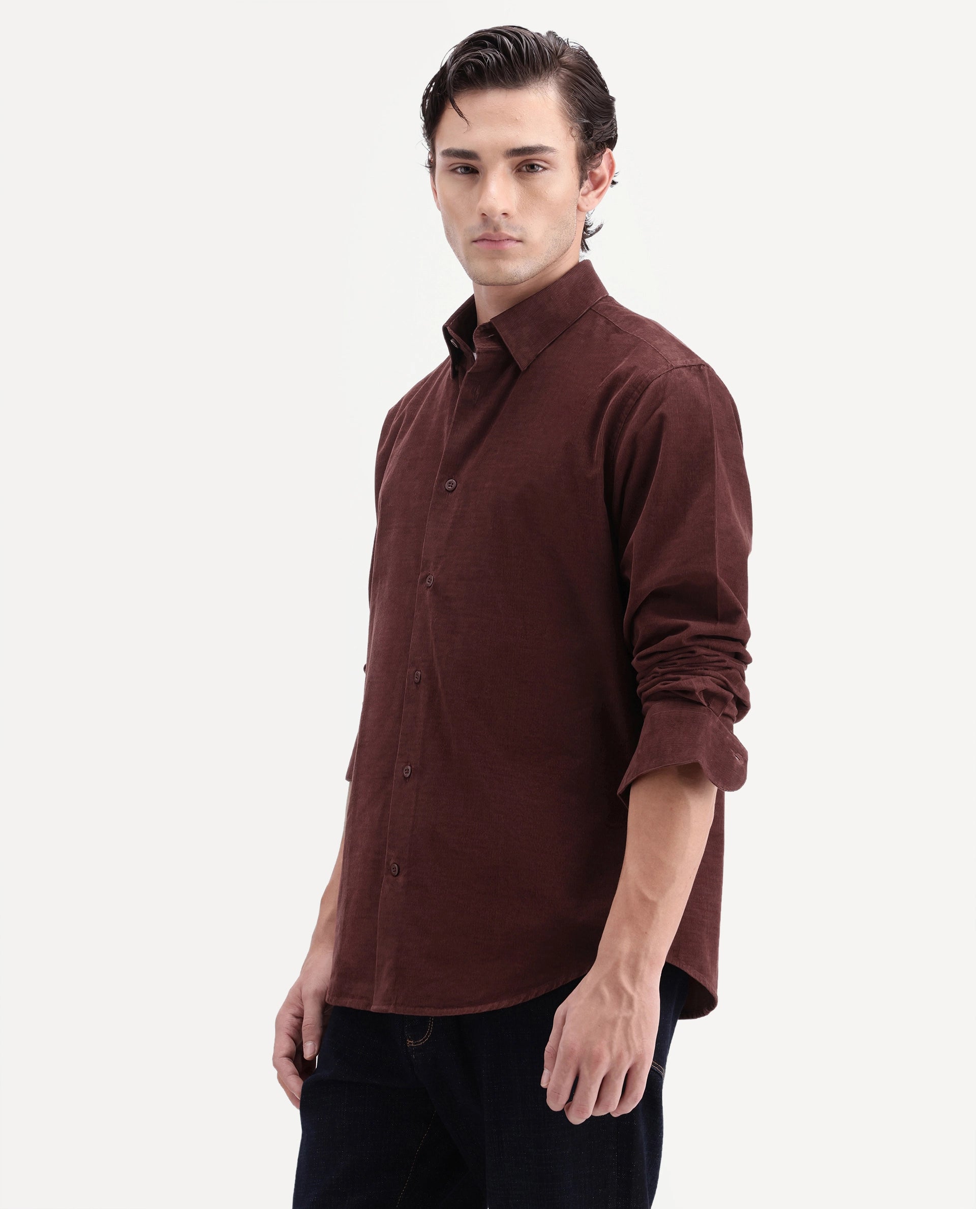 Rare Rabbit Men's Buita-Aw26 Dark Red Cotton Spread Collar Regular Fit Plain Shirt