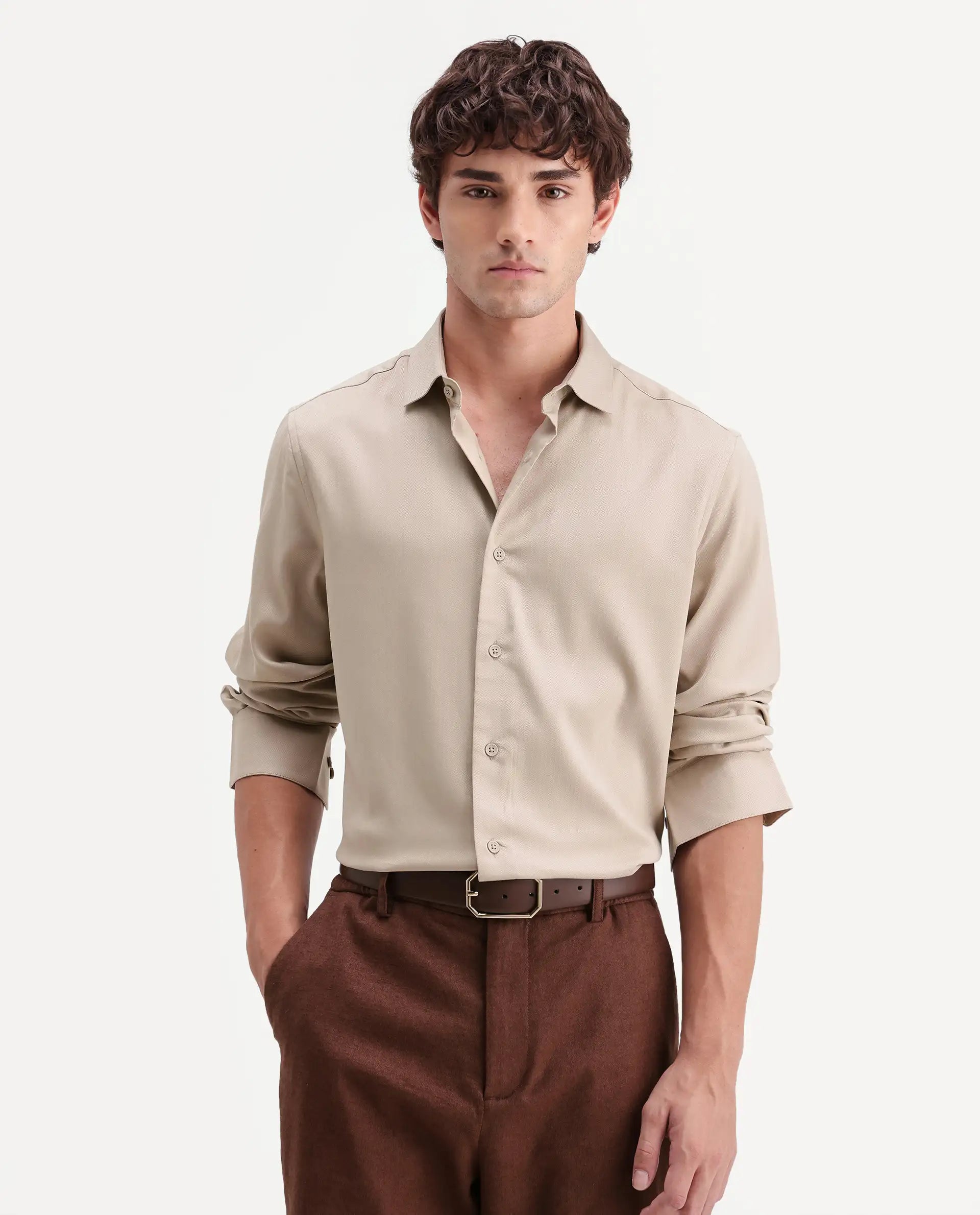 Rare Rabbit Men's Mer-Aw26 Beige Polyester Blend Spread Collar Regular Plain Shirt