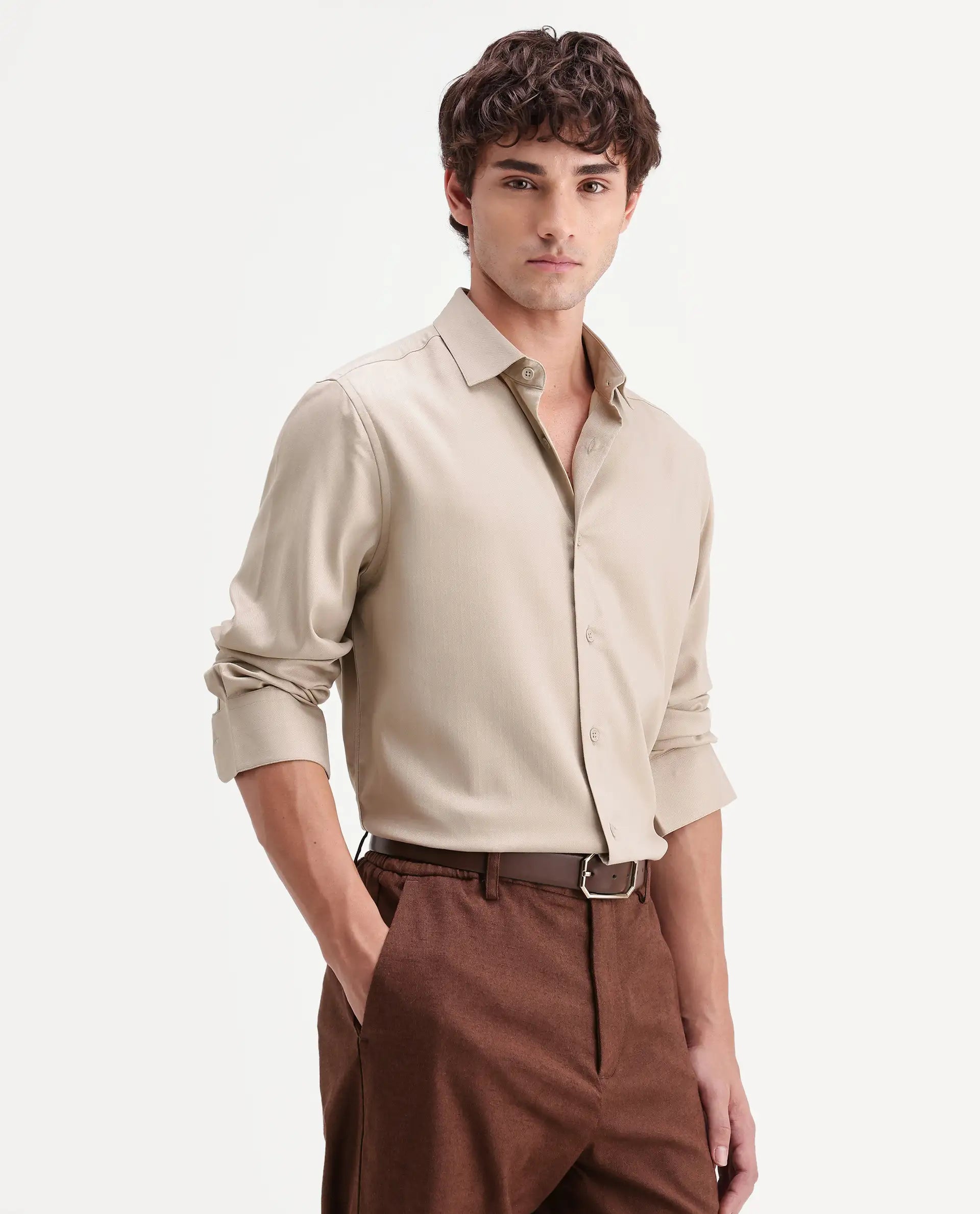 Rare Rabbit Men's Mer-Aw26 Beige Polyester Blend Spread Collar Regular Plain Shirt