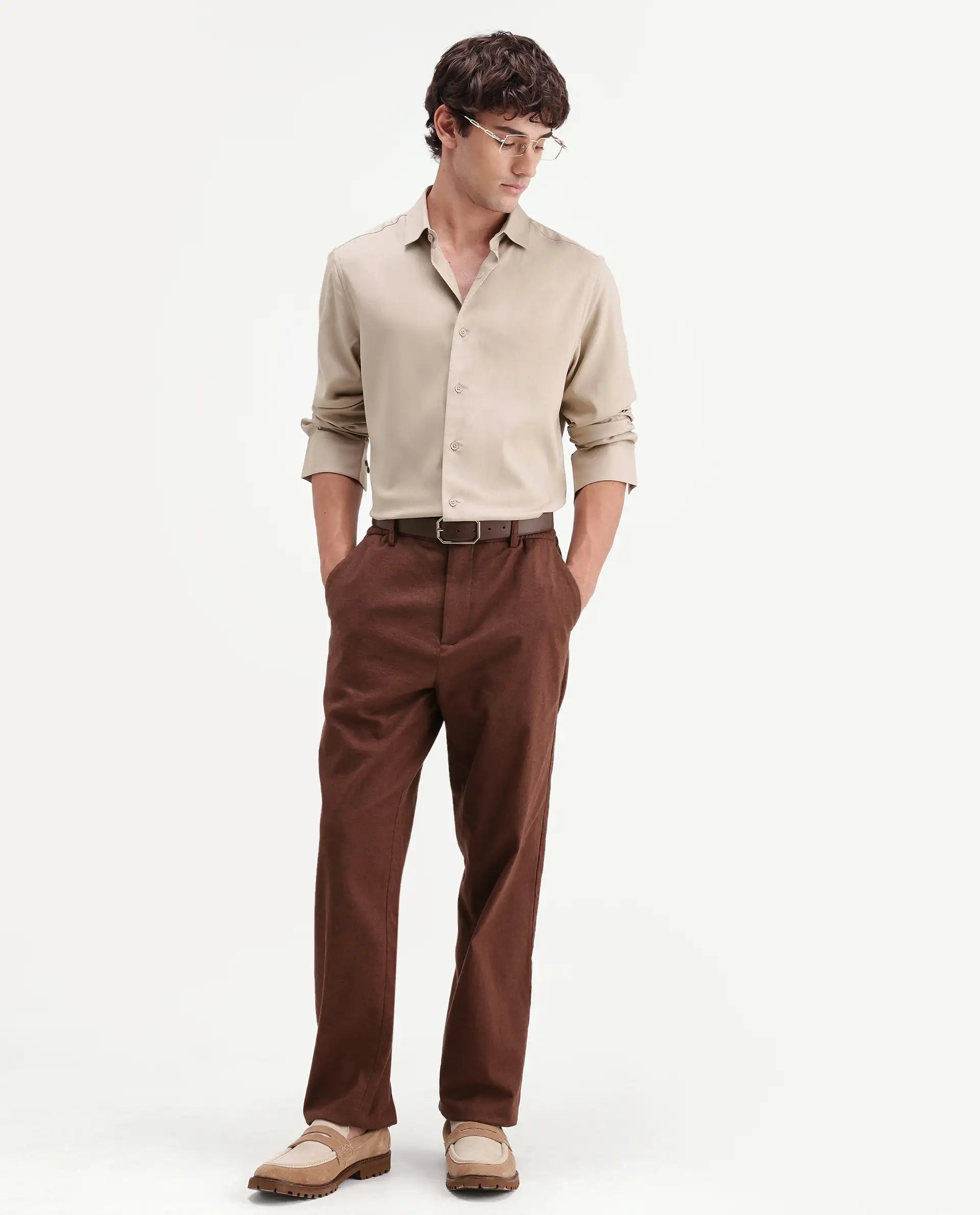Rare Rabbit Men's Mer-Aw26 Beige Polyester Blend Spread Collar Regular Plain Shirt