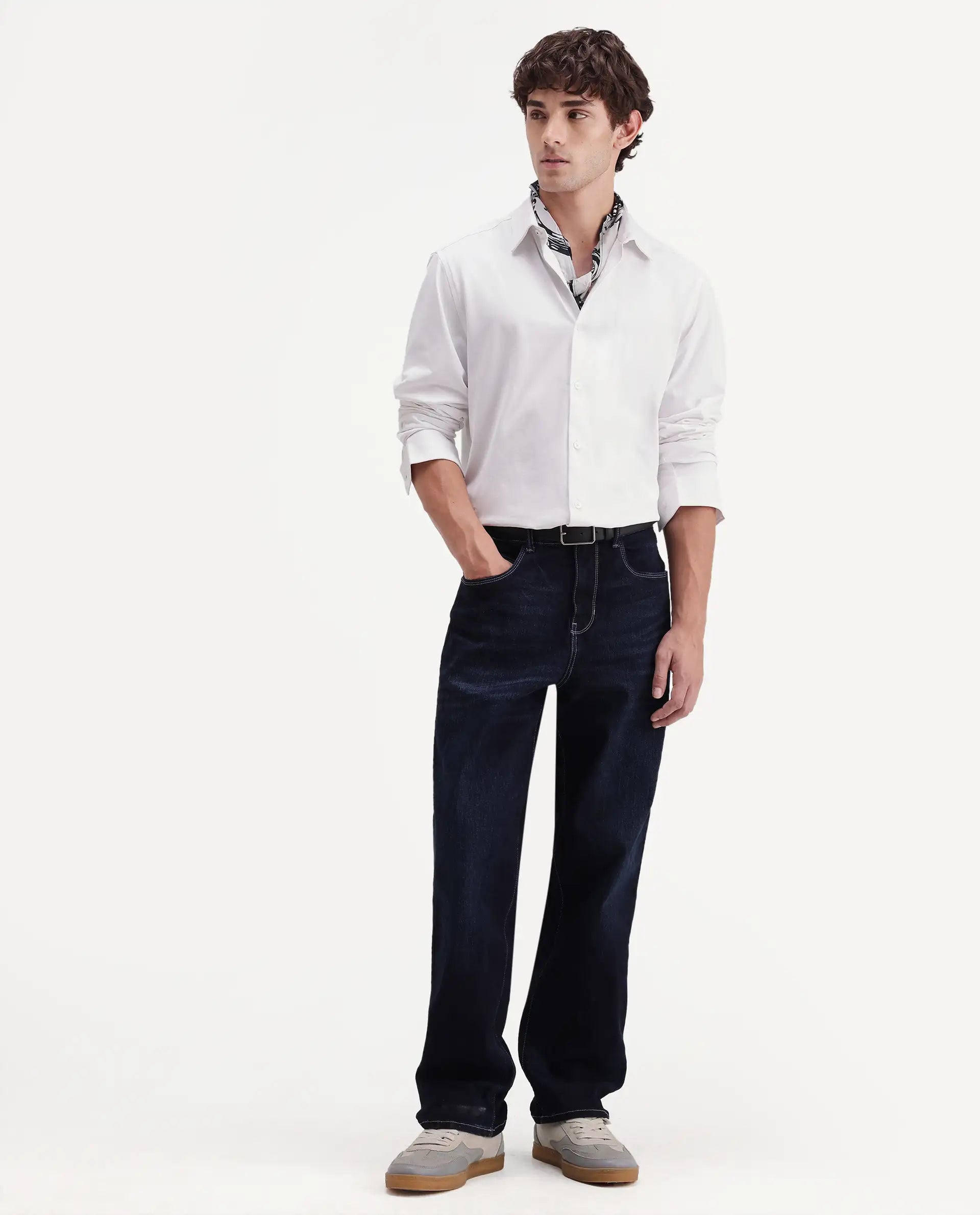 Rare Rabbit Men's Tour-Aw26 White Cotton Blend Spread Collar Regular Plain Shirt