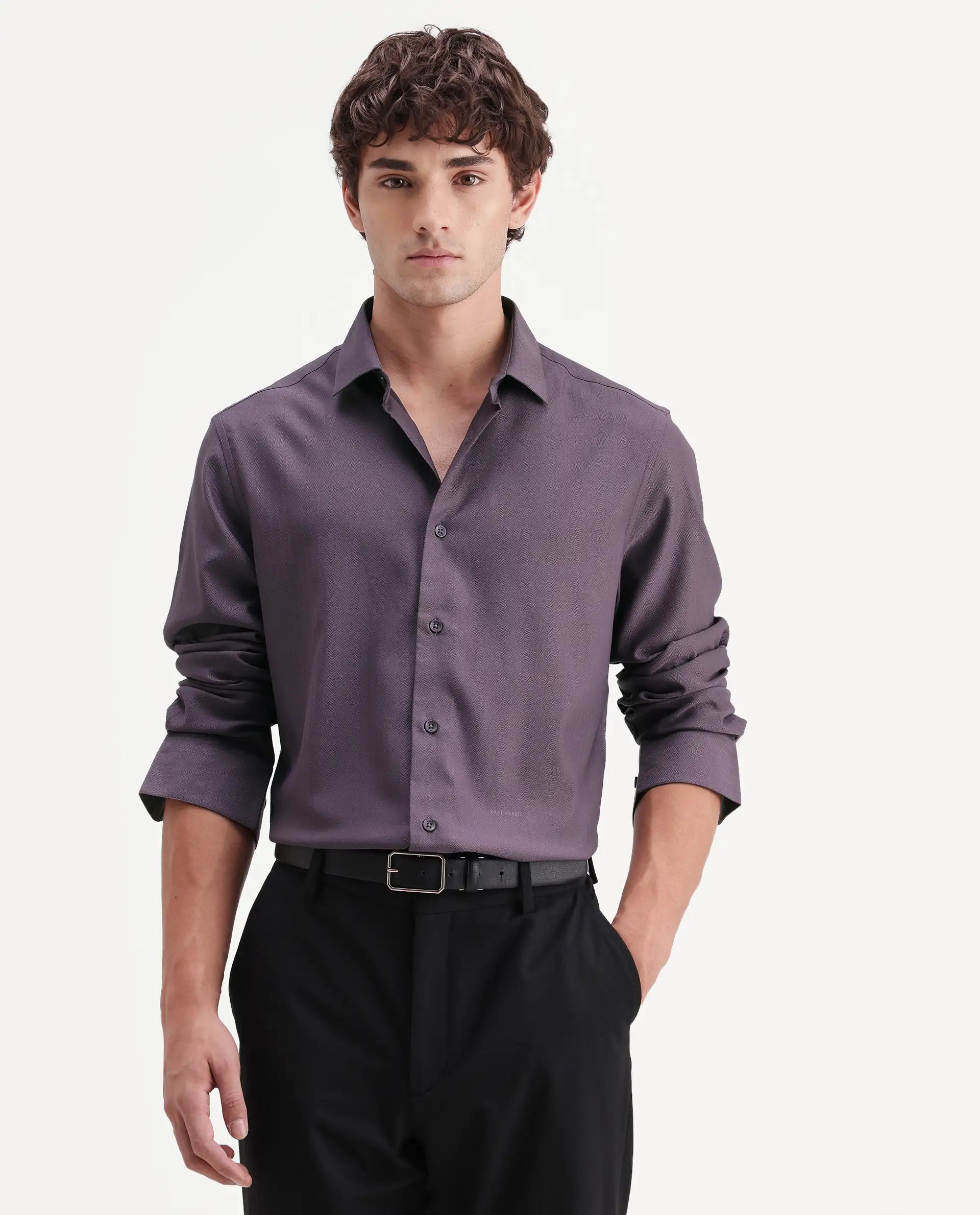 Rare Rabbit Men's Mer-Aw26 Dusky Purple Polyester Blend Spread Collar Regular Plain Shirt