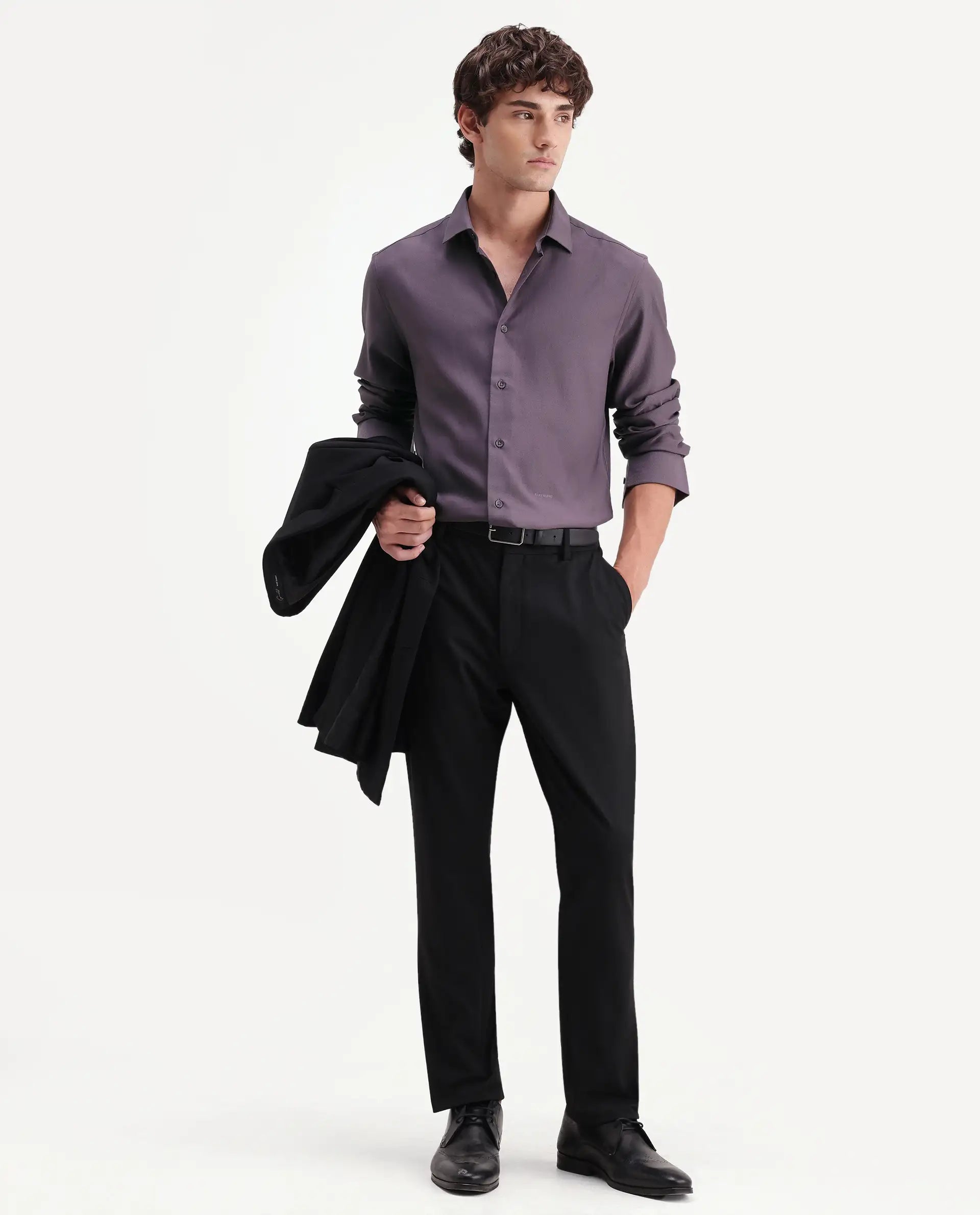 Rare Rabbit Men's Mer-Aw26 Dusky Purple Polyester Blend Spread Collar Regular Plain Shirt