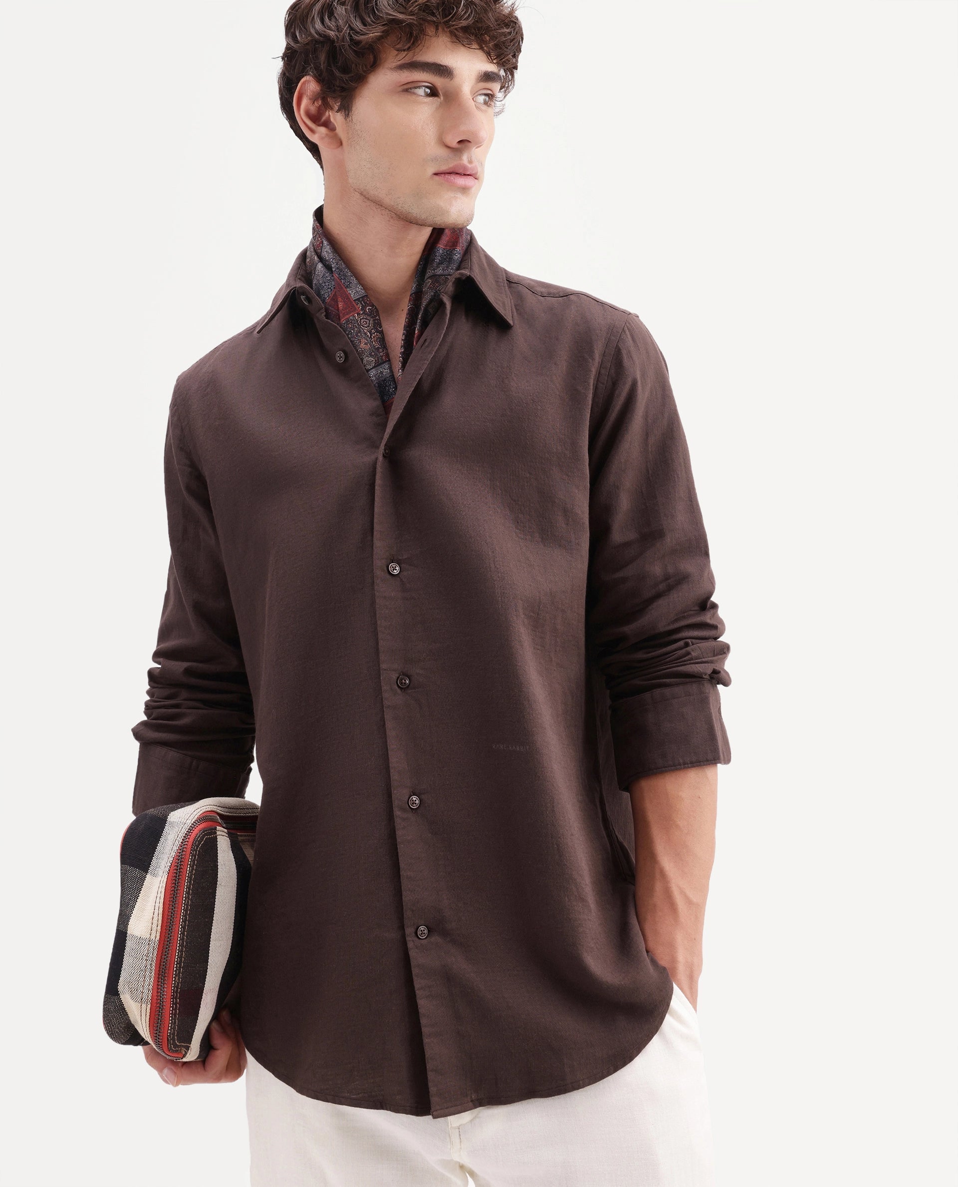 Rare Rabbit Men's Layer-Ls-Aw26 Dusky Brown Cotton Spread Collar Regular Plain Shirt