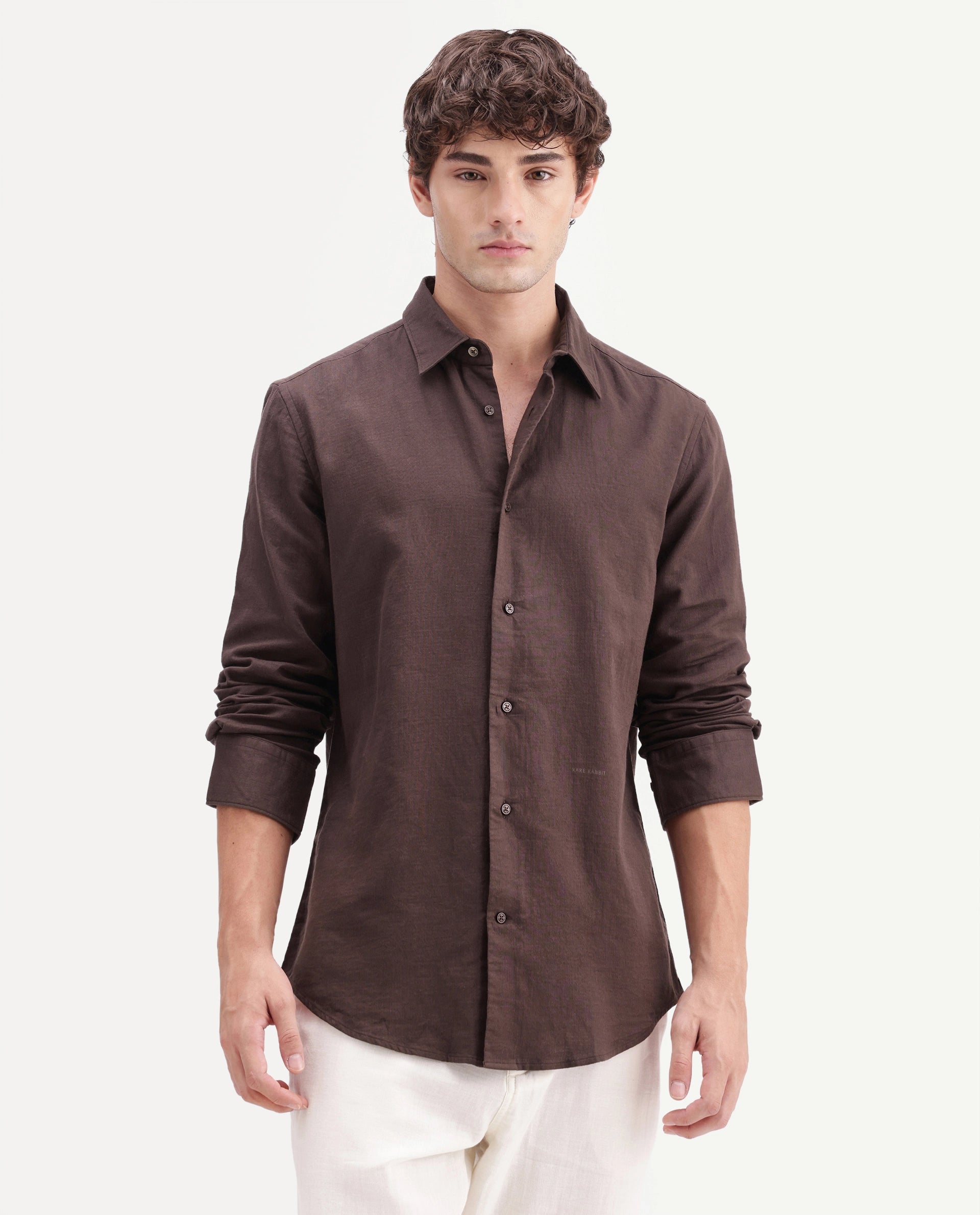 Rare Rabbit Men's Layer-Ls-Aw26 Dusky Brown Cotton Spread Collar Regular Plain Shirt