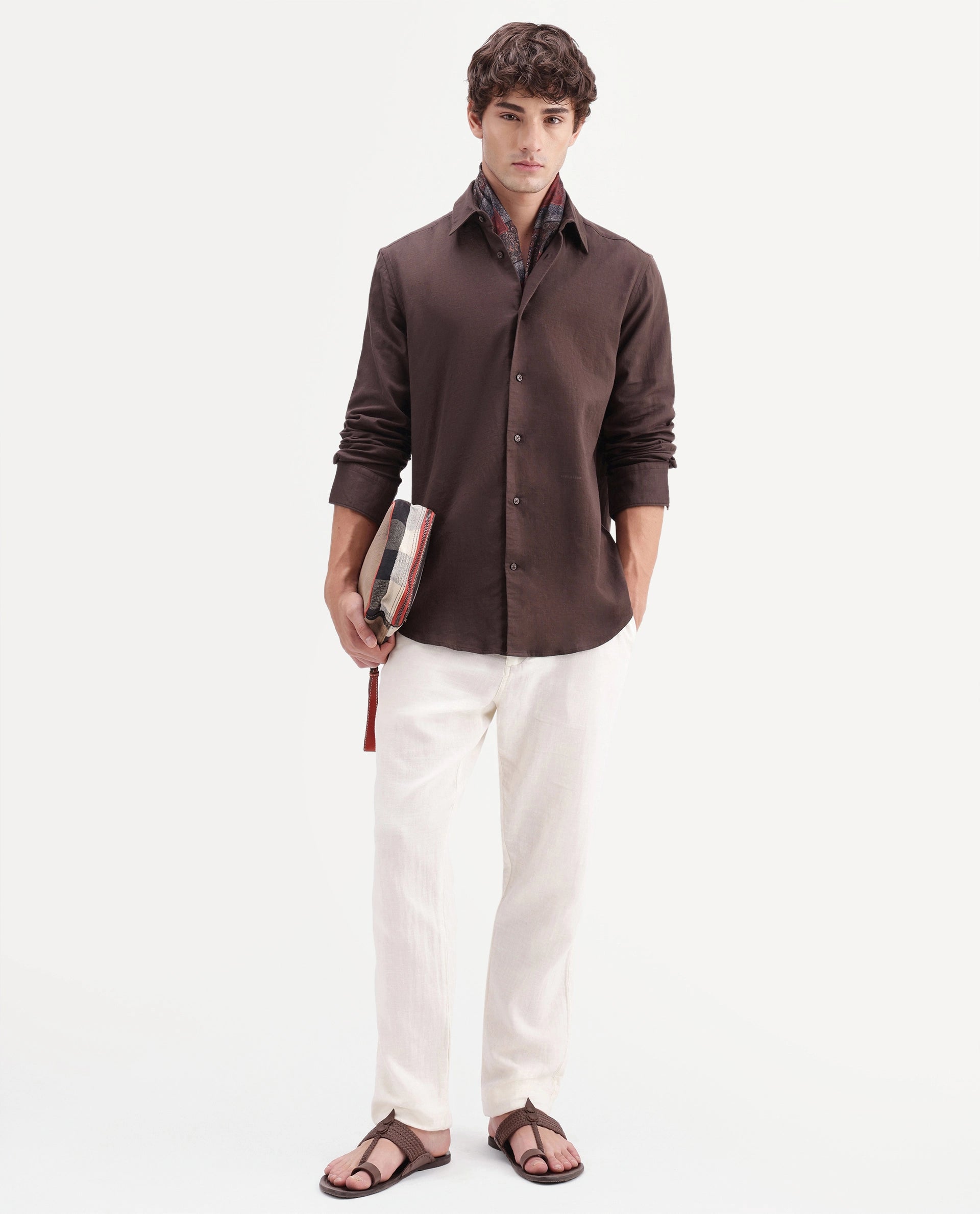 Rare Rabbit Men's Layer-Ls-Aw26 Dusky Brown Cotton Spread Collar Regular Plain Shirt