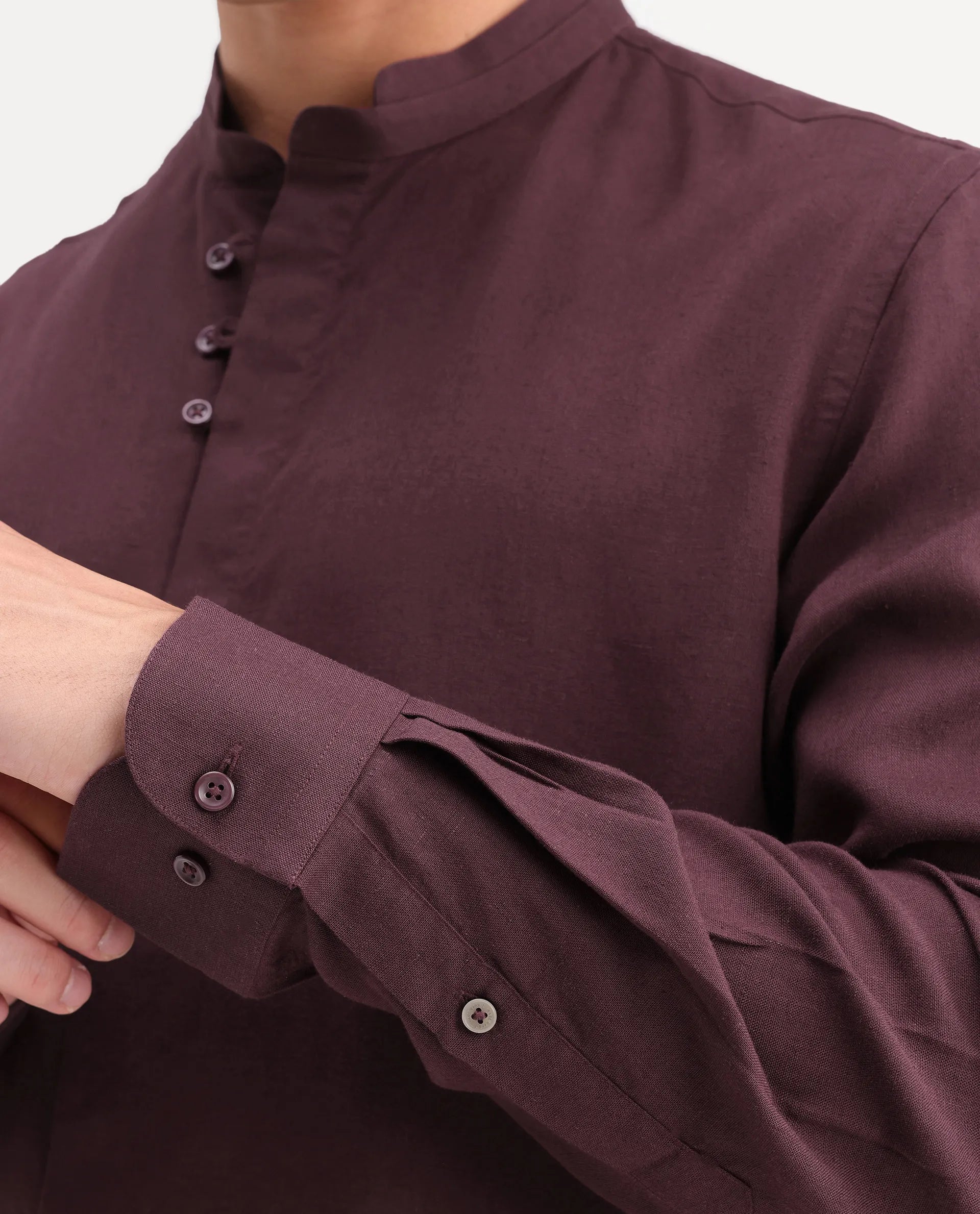Rare Rabbit Men's Throne-Aw26 Dusky Maroon Linen Blend Mandarin Collar Regular Plain Shirt