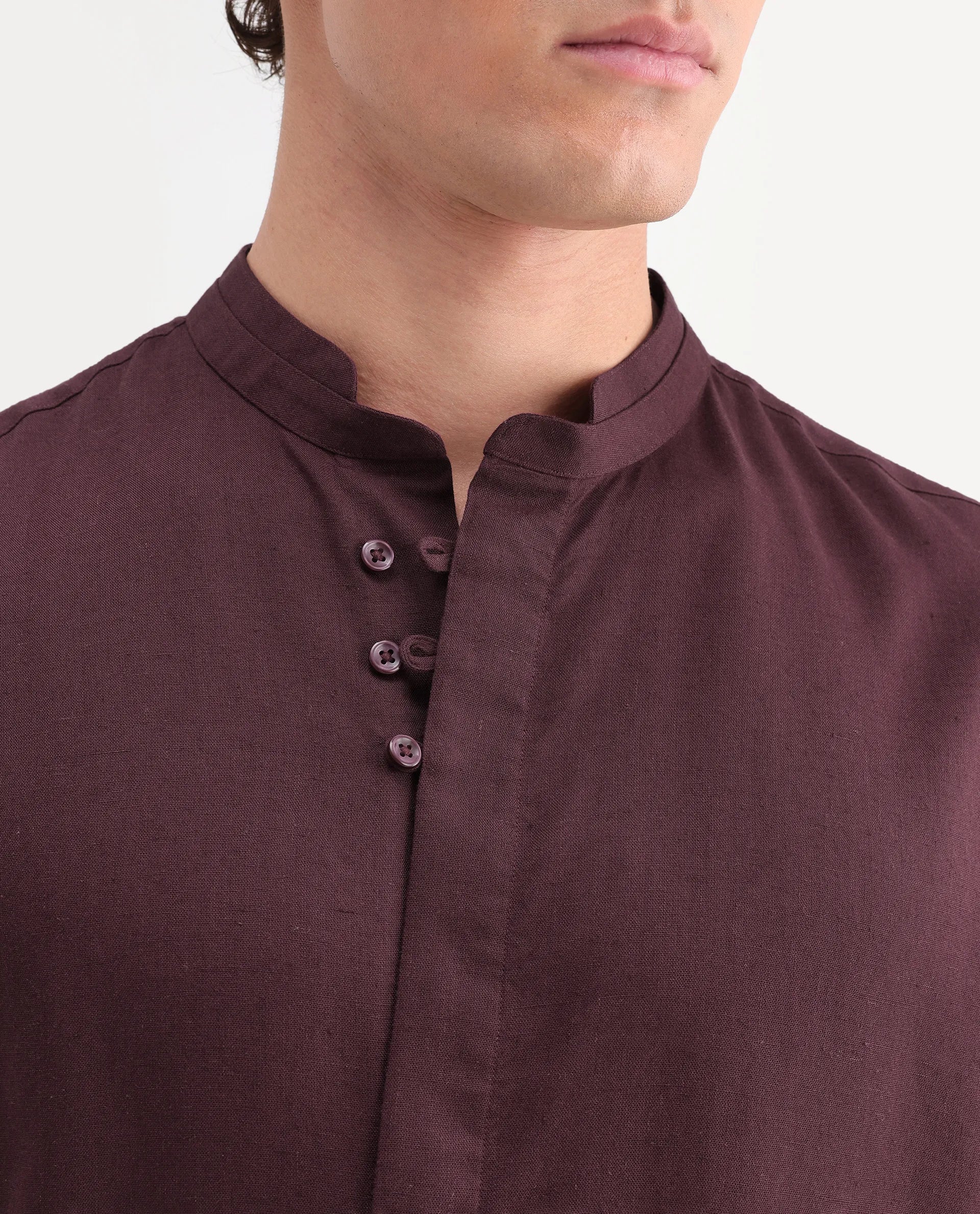 Rare Rabbit Men's Throne-Aw26 Dusky Maroon Linen Blend Mandarin Collar Regular Plain Shirt