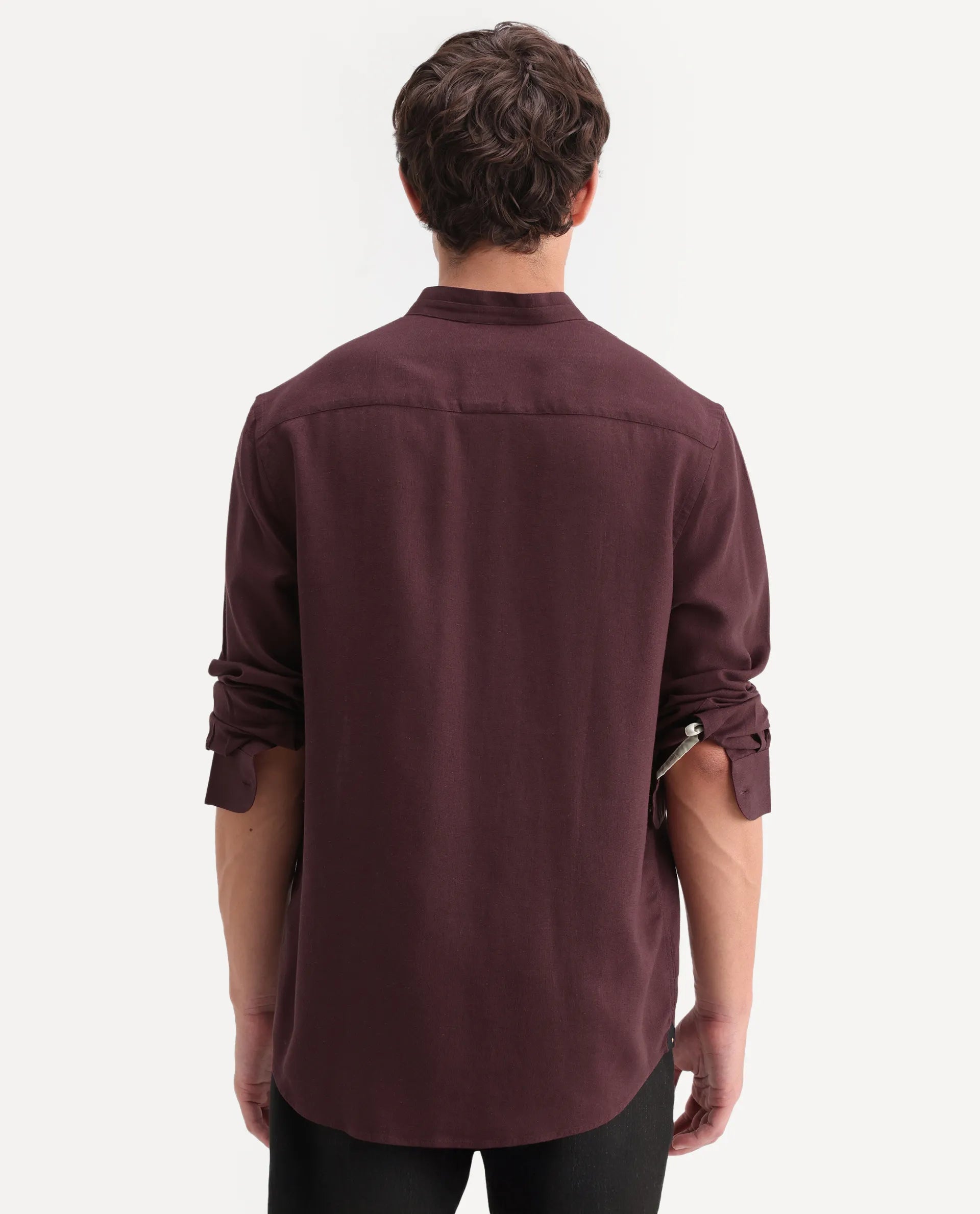 Rare Rabbit Men's Throne-Aw26 Dusky Maroon Linen Blend Mandarin Collar Regular Plain Shirt