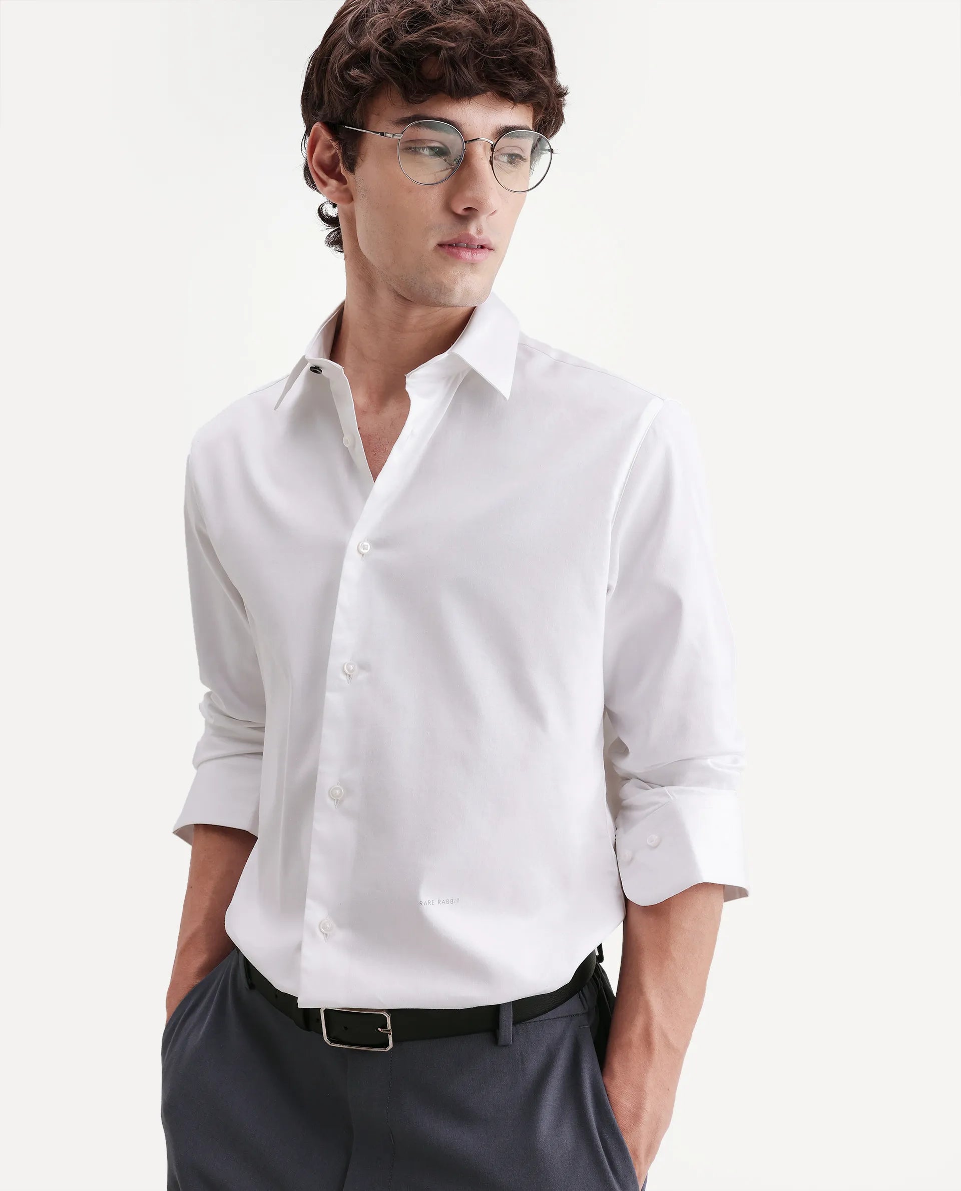 Rare Rabbit Men's Holla-Aw26 White Cotton Blend Spread Collar Regular Plain Shirt