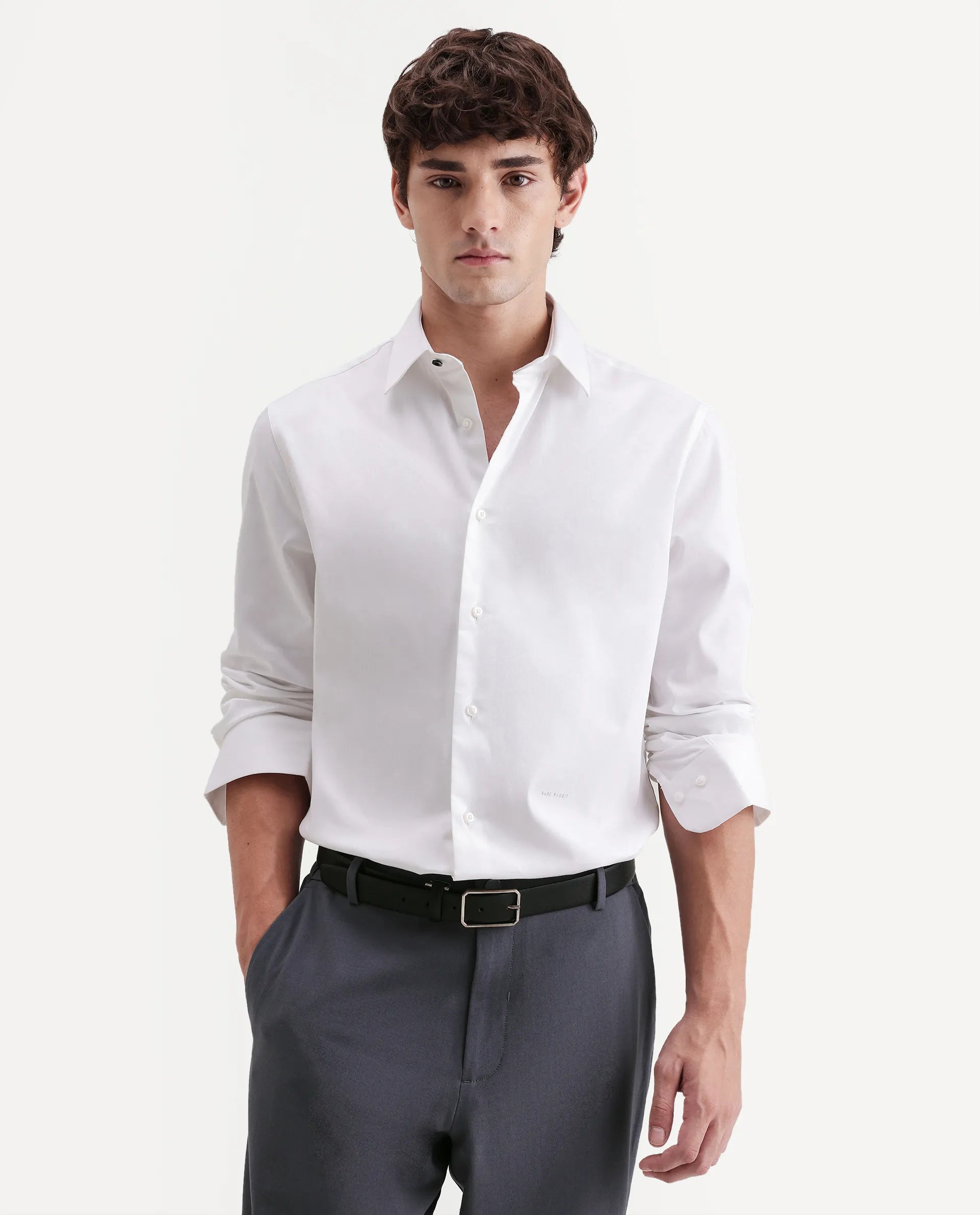 Rare Rabbit Men's Holla-Aw26 White Cotton Blend Spread Collar Regular Plain Shirt