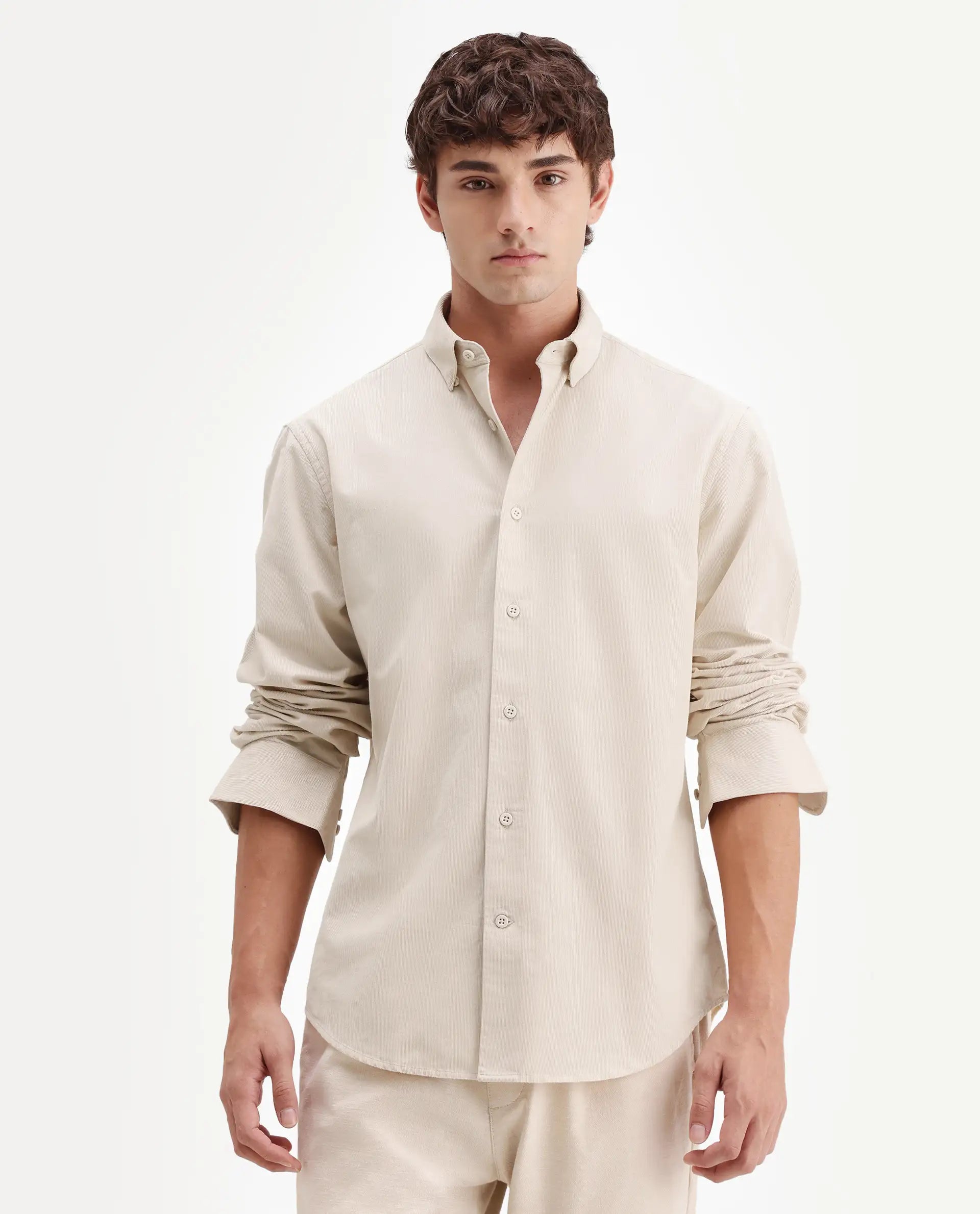 Rare Rabbit Men's Buita-Aw26 Off White Cotton Spread Collar Regular Fit Plain Shirt