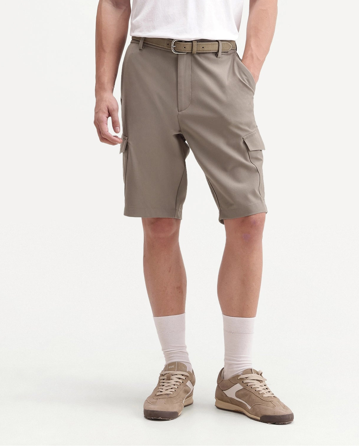 Rare Rabbit Men's Tripco-Aw26 Beige Polyester Blend Fabric Regular Fit Plain Cargo Shorts