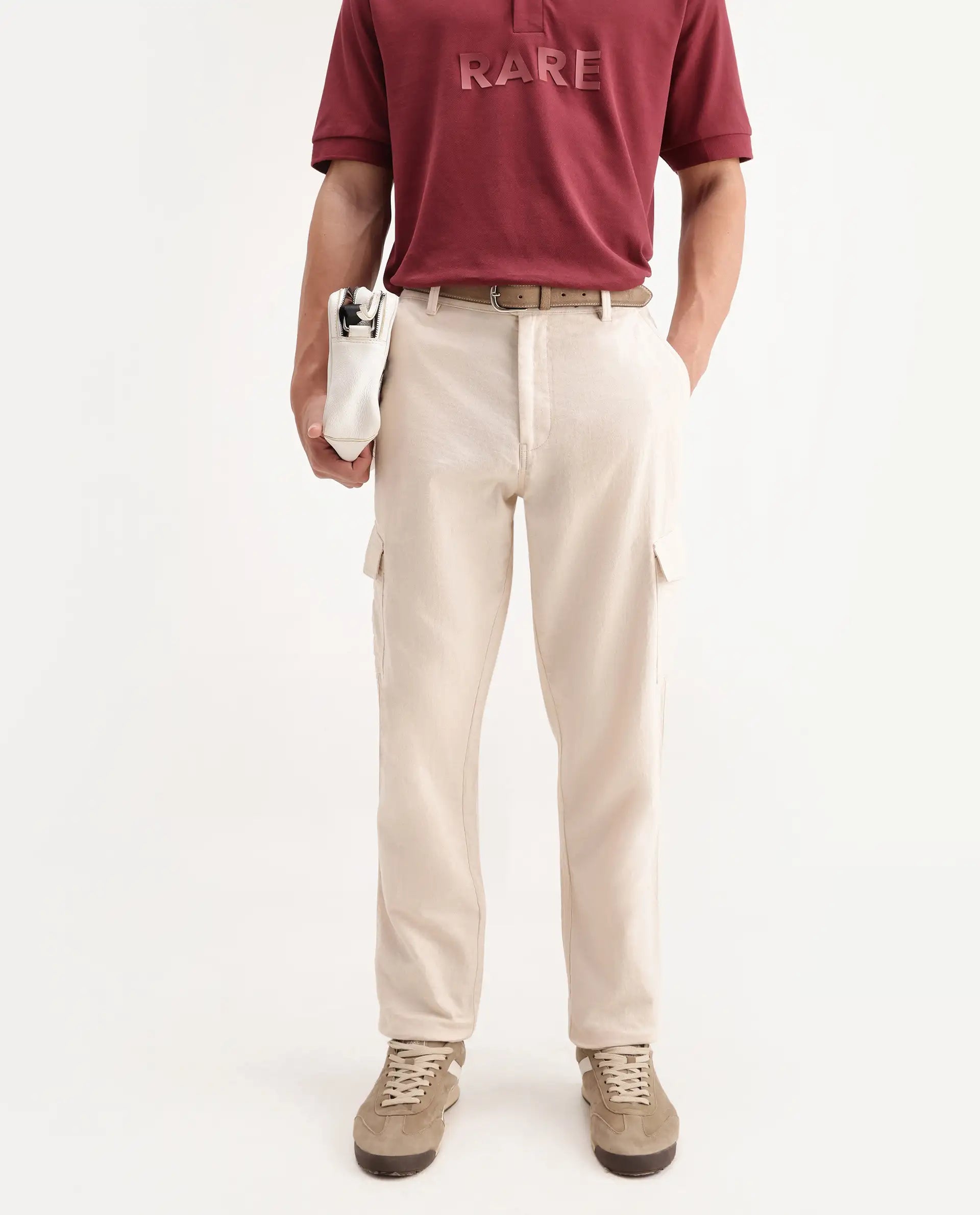 Rare Rabbit Men's Presso-Aw26 Off White Cotton Fabric Regular Fit Plain Cargo Trouser