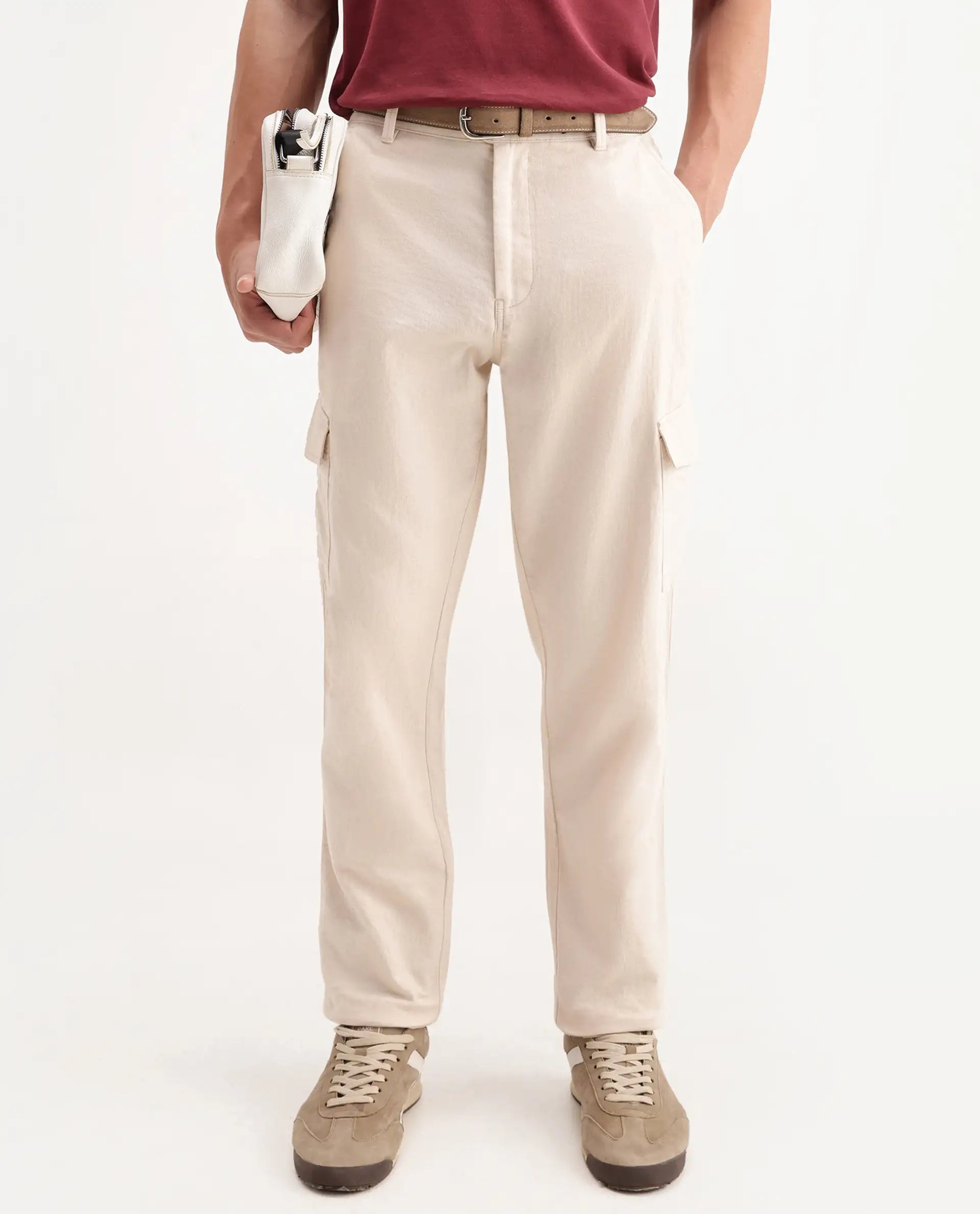 Rare Rabbit Men's Presso-Aw26 Off White Cotton Fabric Regular Fit Plain Cargo Trouser