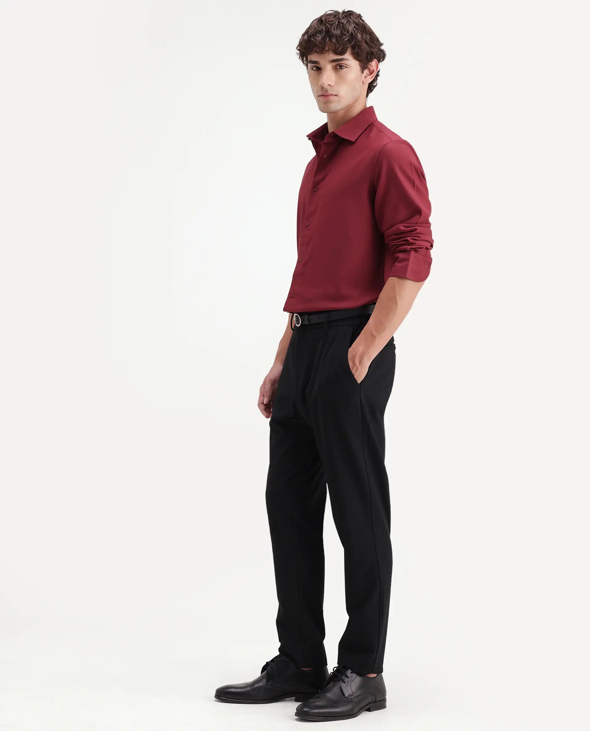 Rare Rabbit Men's Travel-Aw26 Black Polyester Blend Fabric Regular Fit Plain Trouser