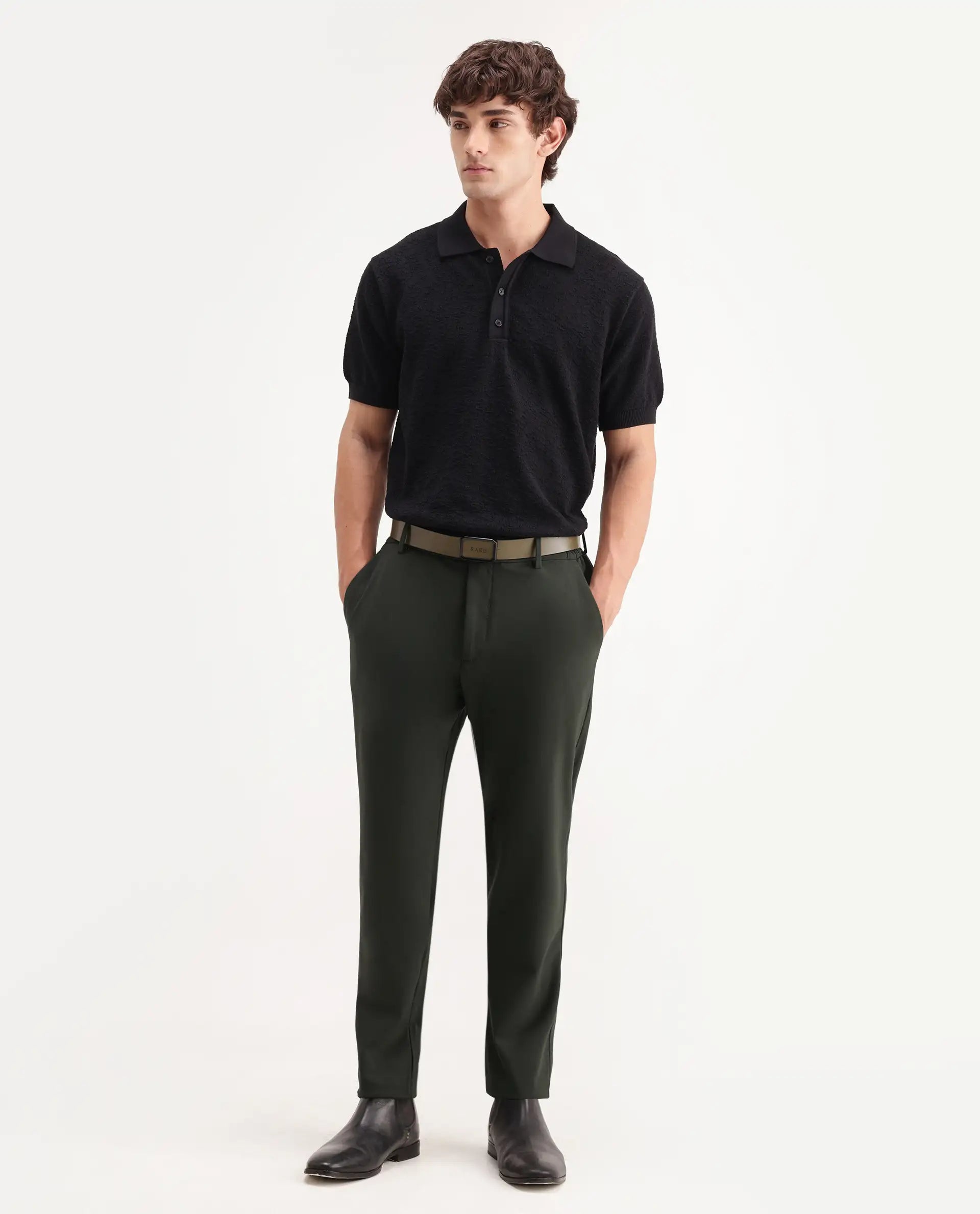 Rare Rabbit Men's Travel-Aw26 Dark Olive Polyester Blend Fabric Regular Fit Plain Trouser