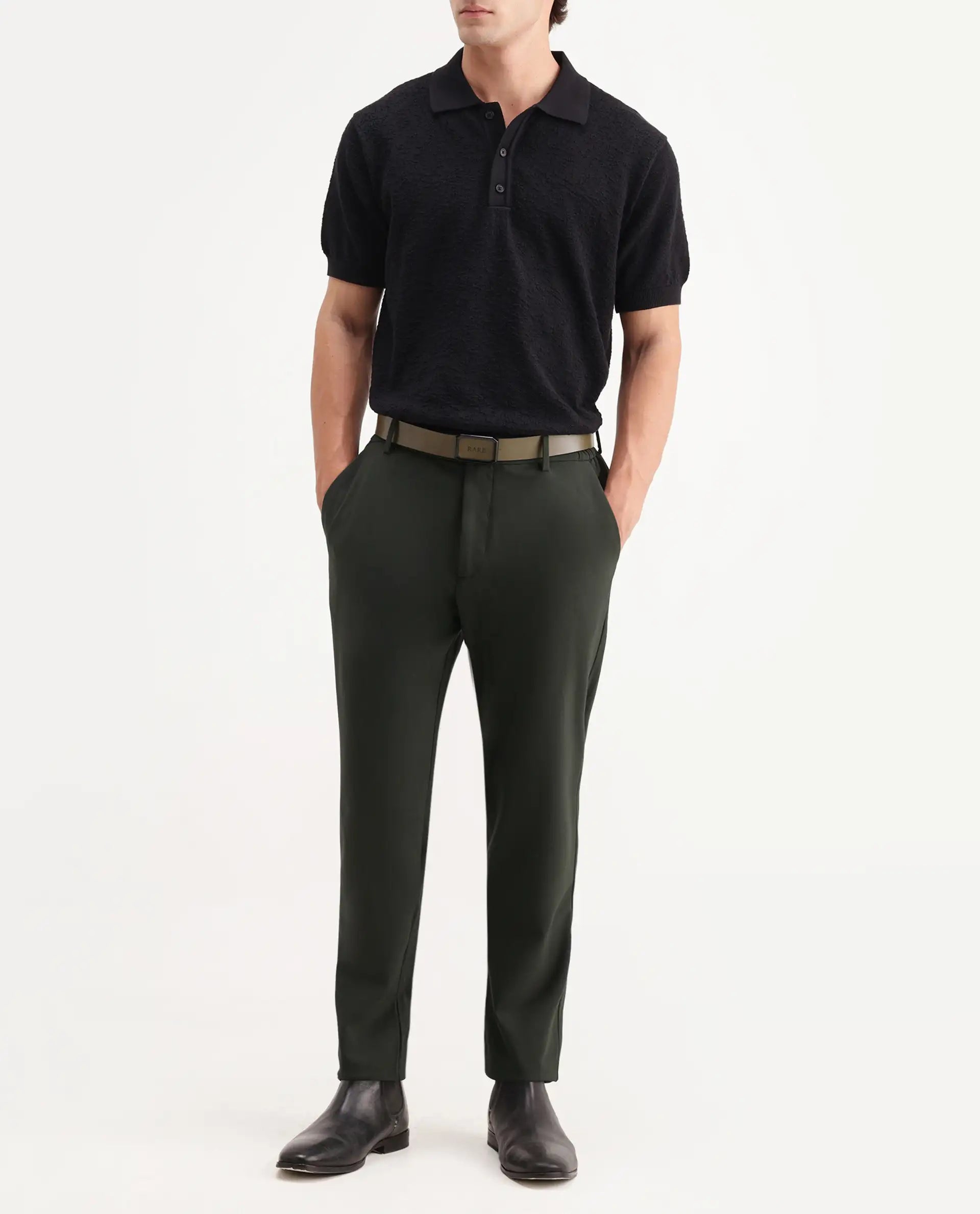 Rare Rabbit Men's Travel-Aw26 Dark Olive Polyester Blend Fabric Regular Fit Plain Trouser