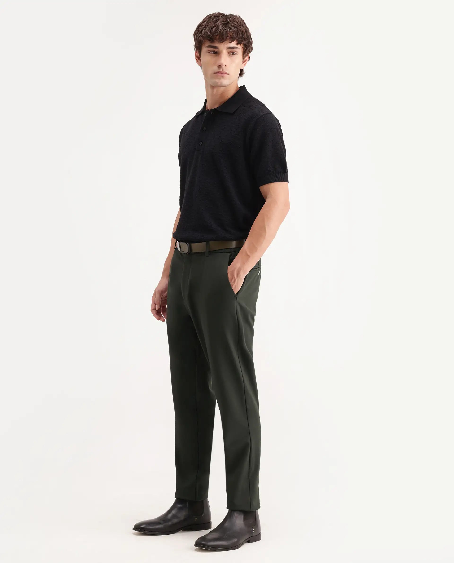 Rare Rabbit Men's Travel-Aw26 Dark Olive Polyester Blend Fabric Regular Fit Plain Trouser