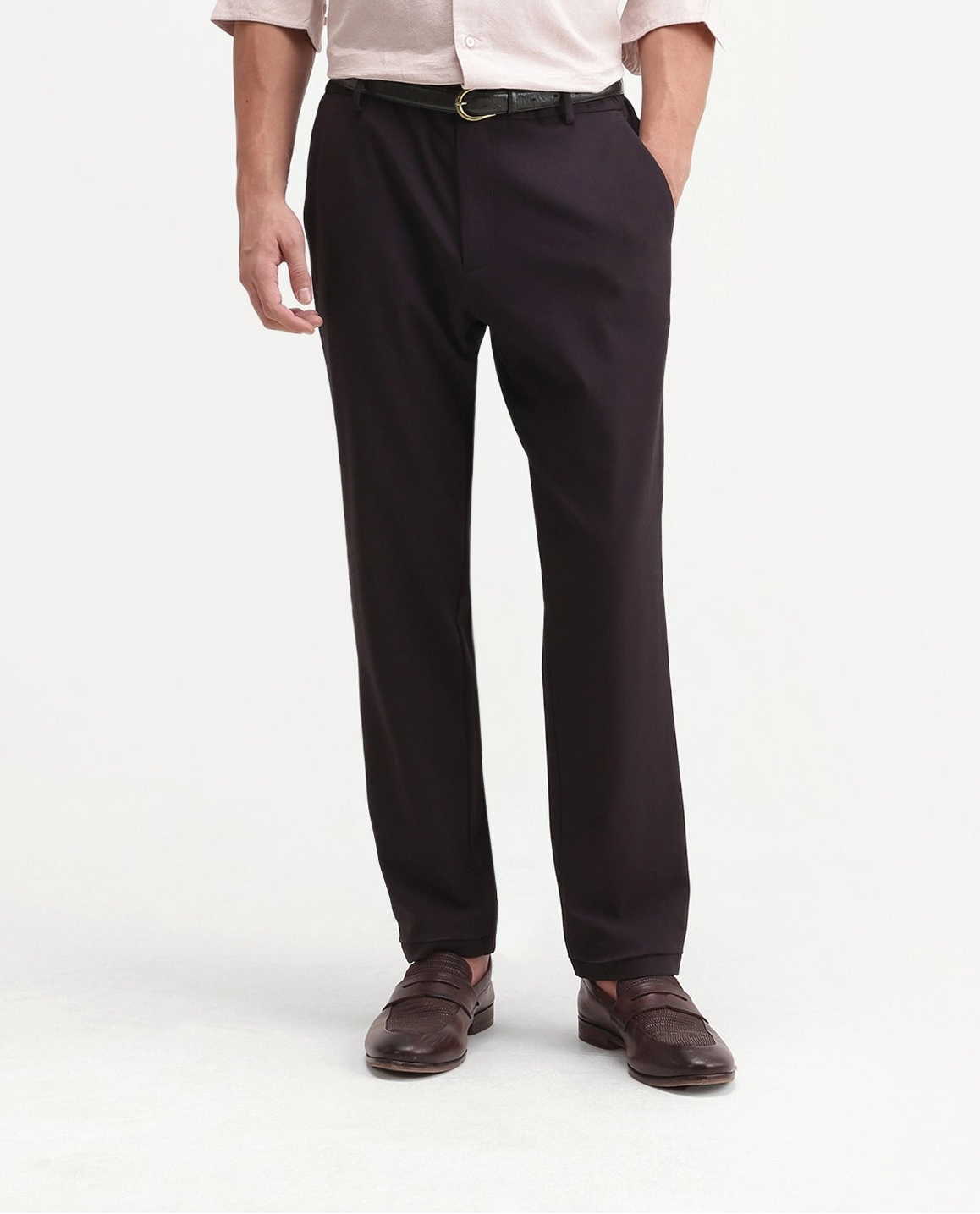 Rare Rabbit Men's Travel-Aw26 Dark Maroon Polyester Blend Fabric Regular Fit Plain Trouser