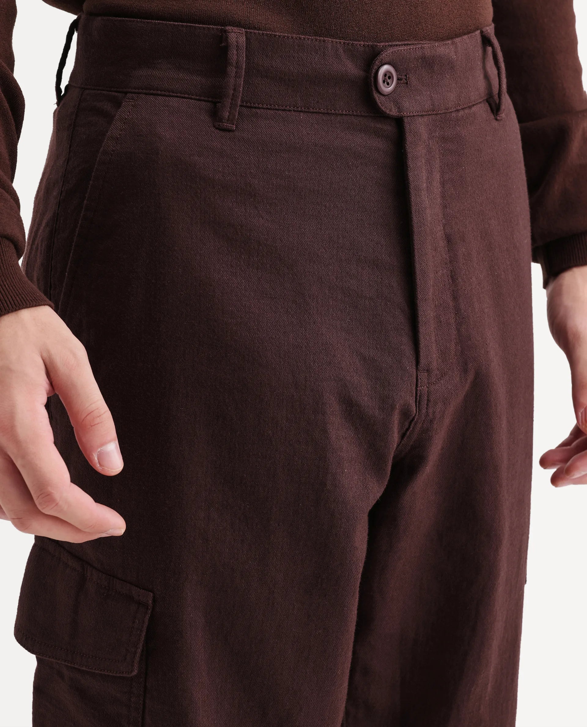 Rare Rabbit Men's Presso-Aw26 Dark Brown Cotton Fabric Regular Fit Plain Trouser