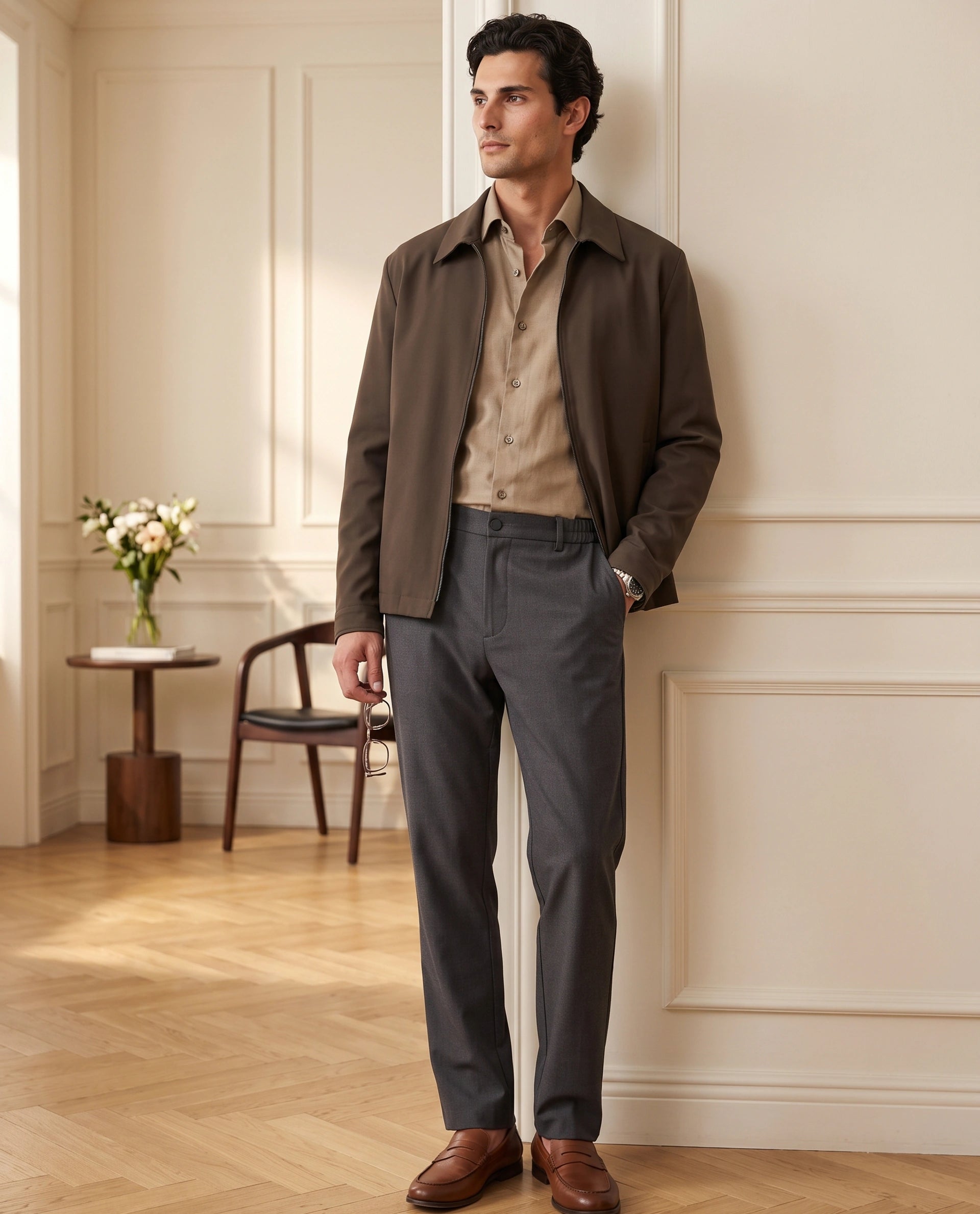 Rare Rabbit Men's Travel-Aw26 Grey Polyester Blend Fabric Regular Fit Plain Trouser