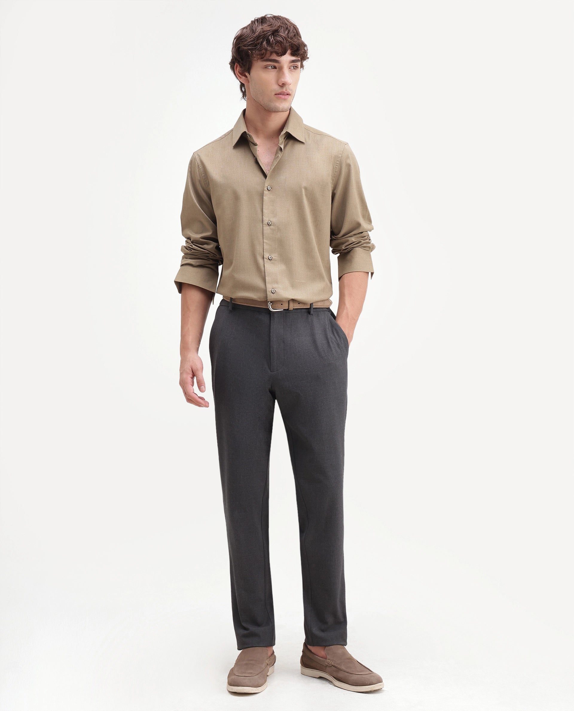 Rare Rabbit Men's Travel-Aw26 Grey Polyester Blend Fabric Regular Fit Plain Trouser
