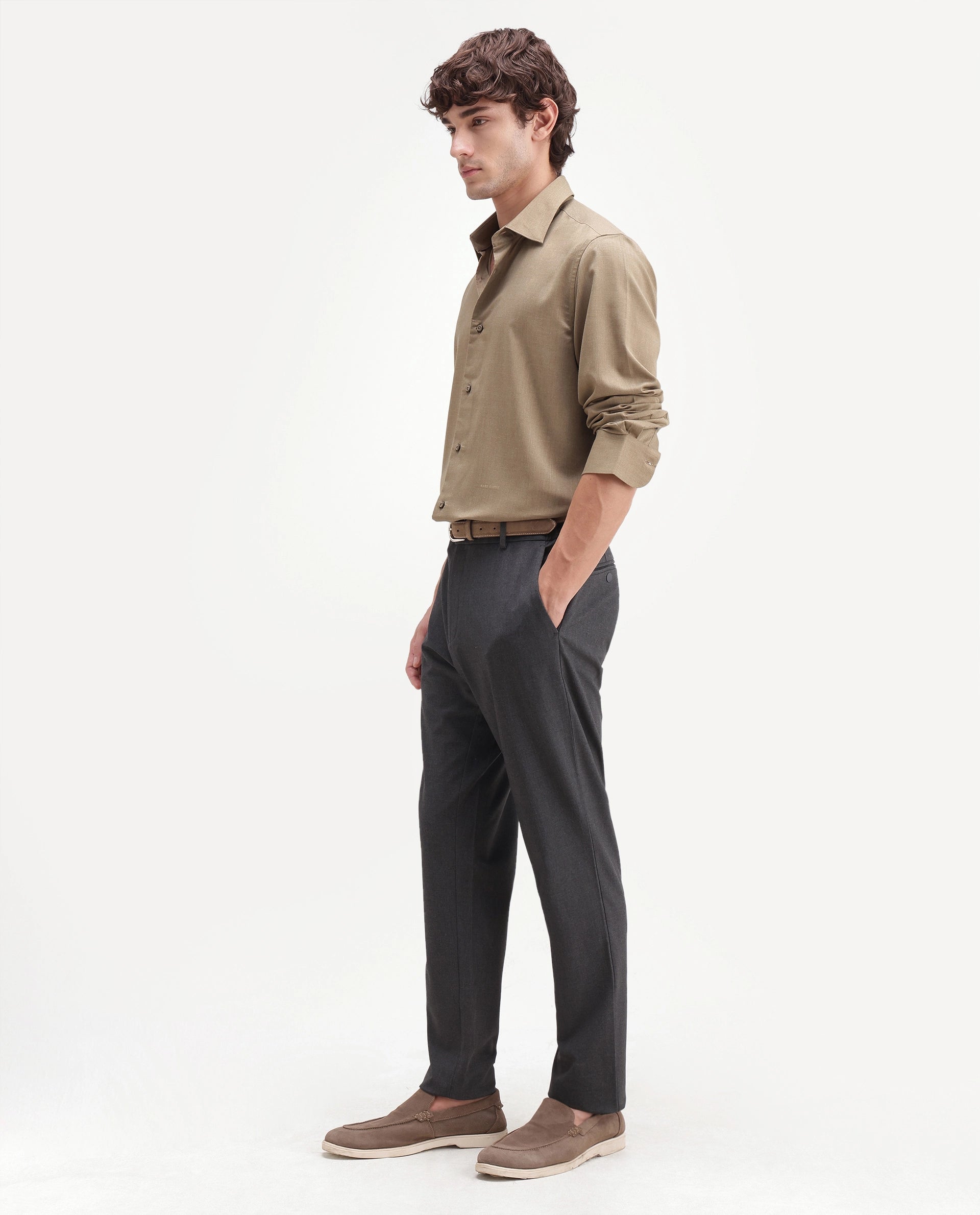 Rare Rabbit Men's Travel-Aw26 Grey Polyester Blend Fabric Regular Fit Plain Trouser