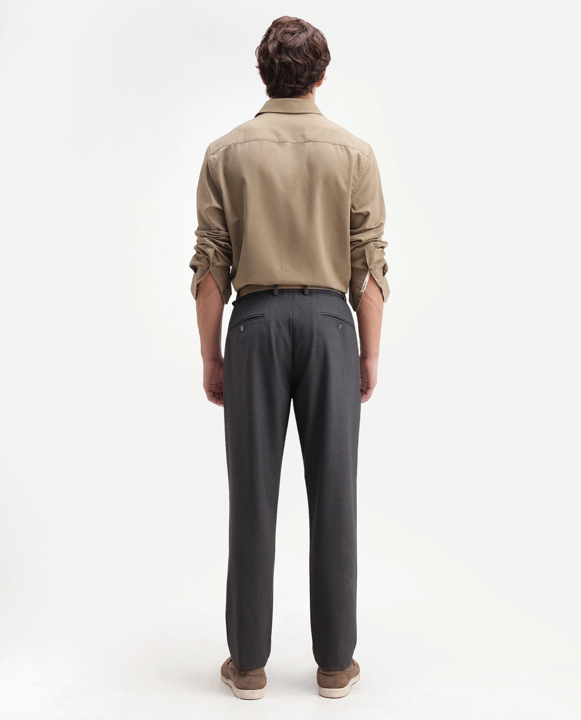 Rare Rabbit Men's Travel-Aw26 Grey Polyester Blend Fabric Regular Fit Plain Trouser