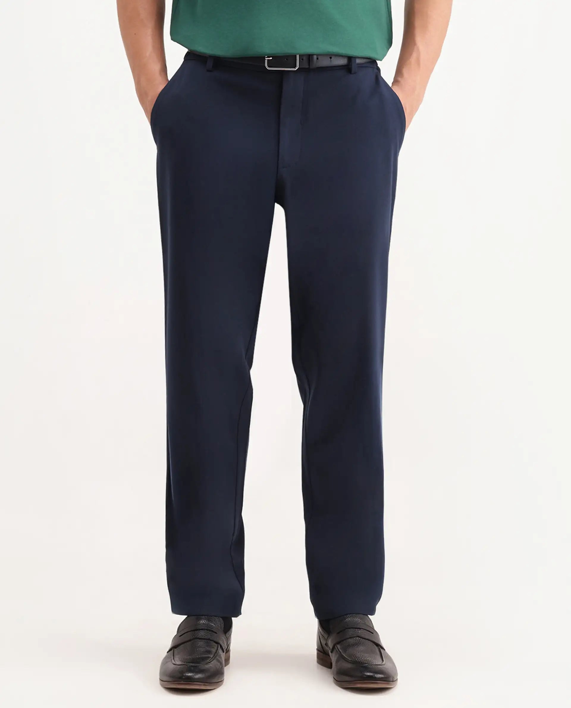 Rare Rabbit Men's Travel-Aw26 Navy Polyester Blend Fabric Regular Fit Plain Trouser