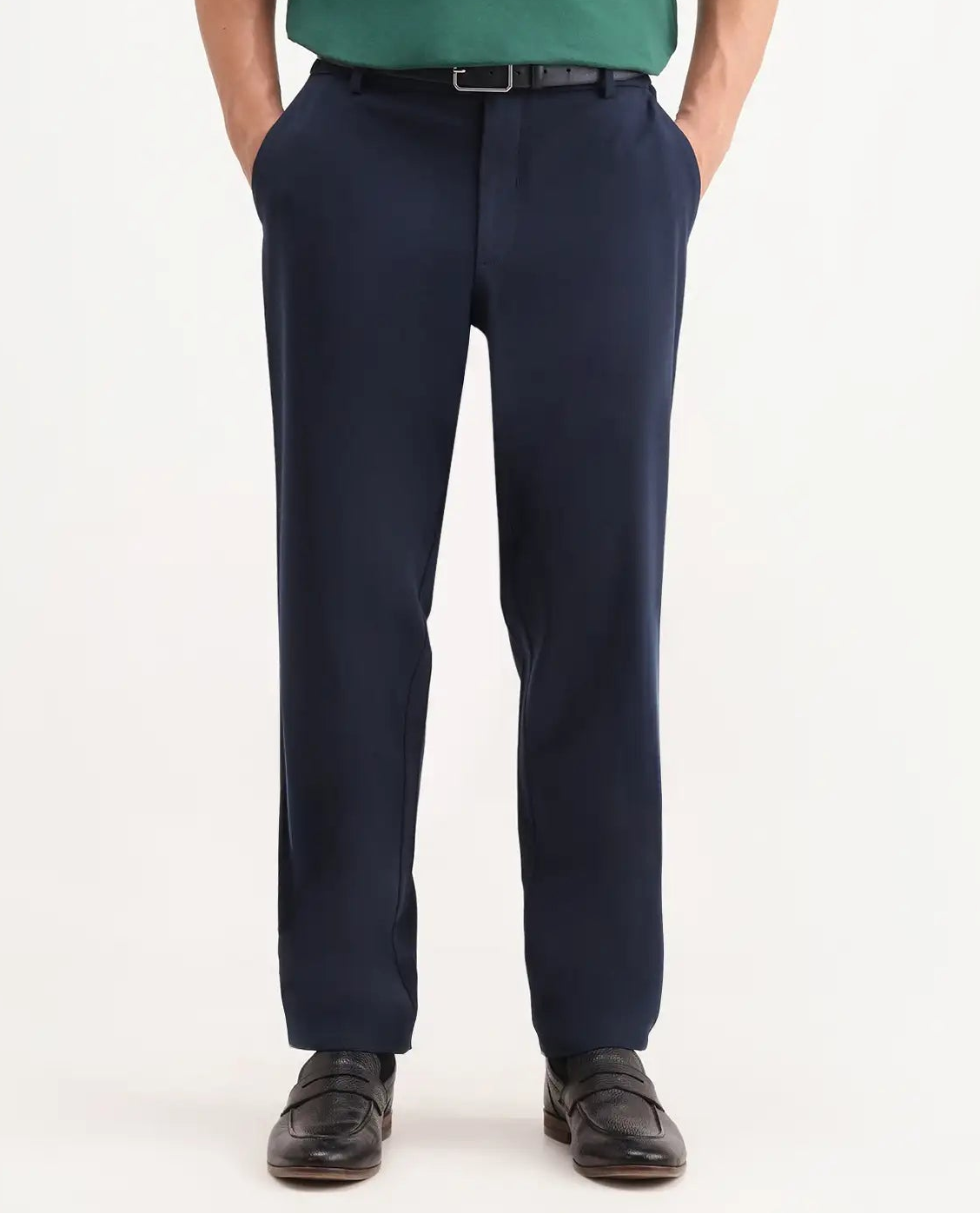 Rare Rabbit Men's Travel-Aw26 Navy Polyester Blend Fabric Regular Fit Plain Trouser