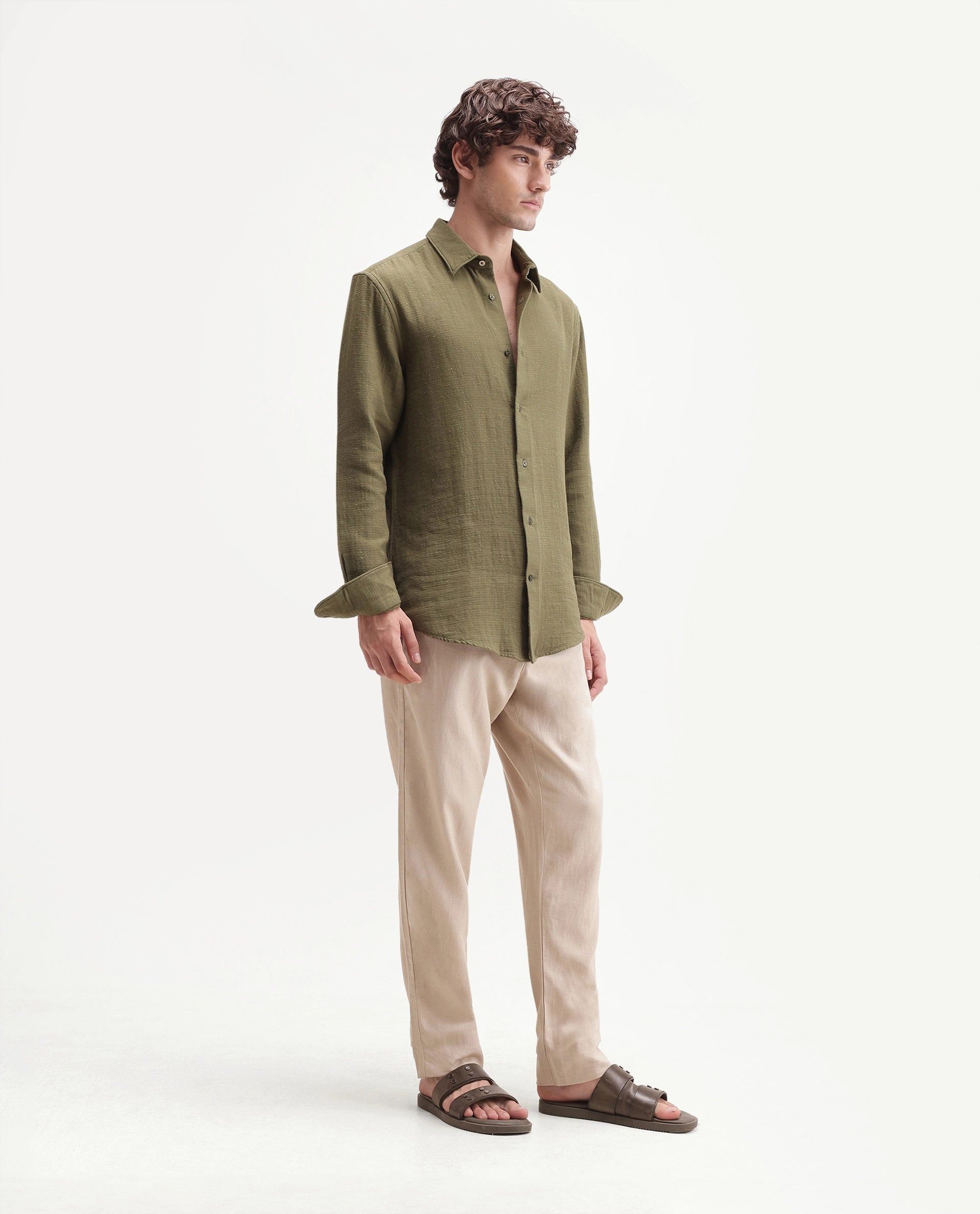 Rare Rabbit Men's Jomo-Aw26 Beige Linen Blend Fabric Regular Fit Plain Trouser