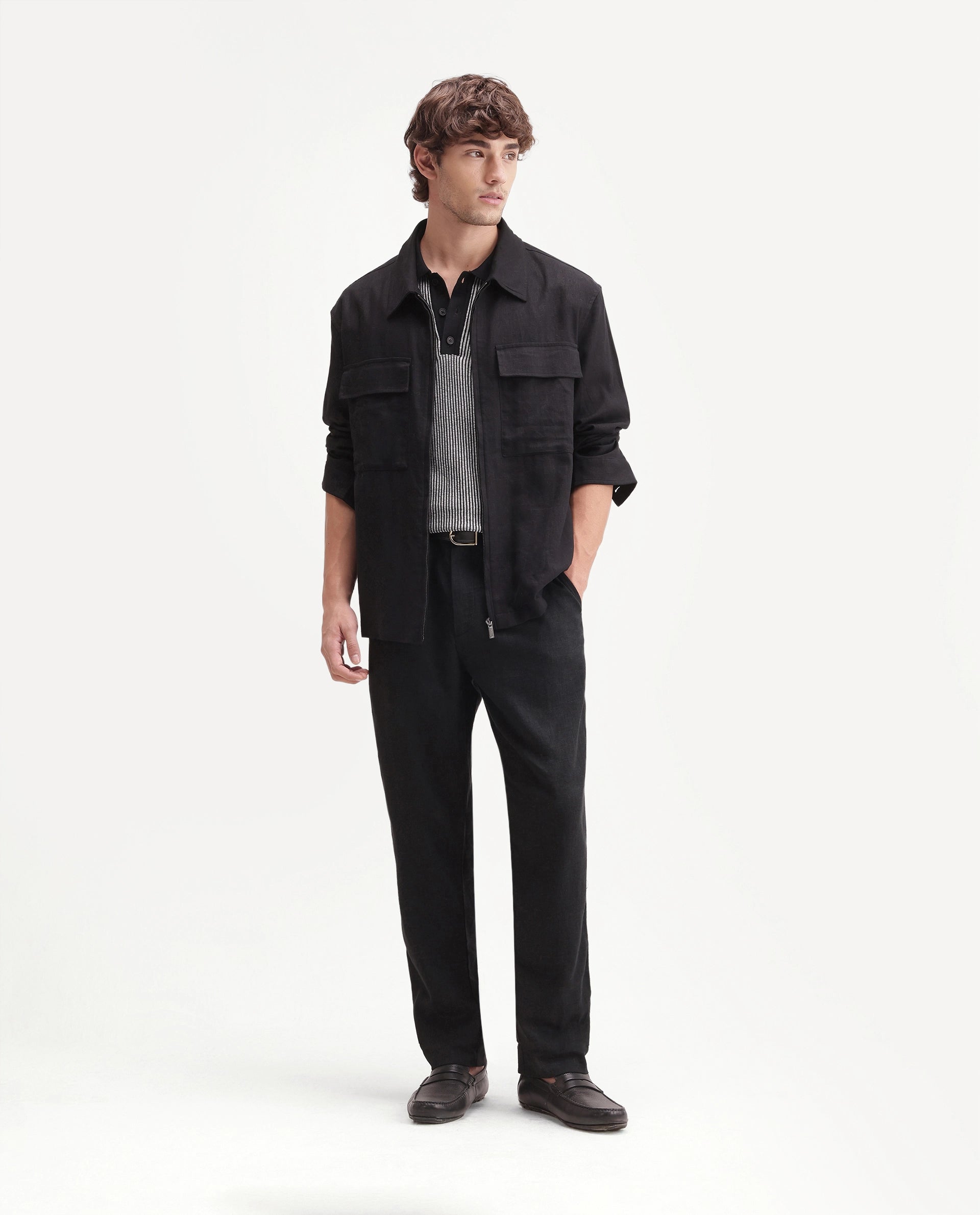 Rare Rabbit Men's Jomo-Aw26 Black Linen Blend Fabric Regular Fit Plain Trouser